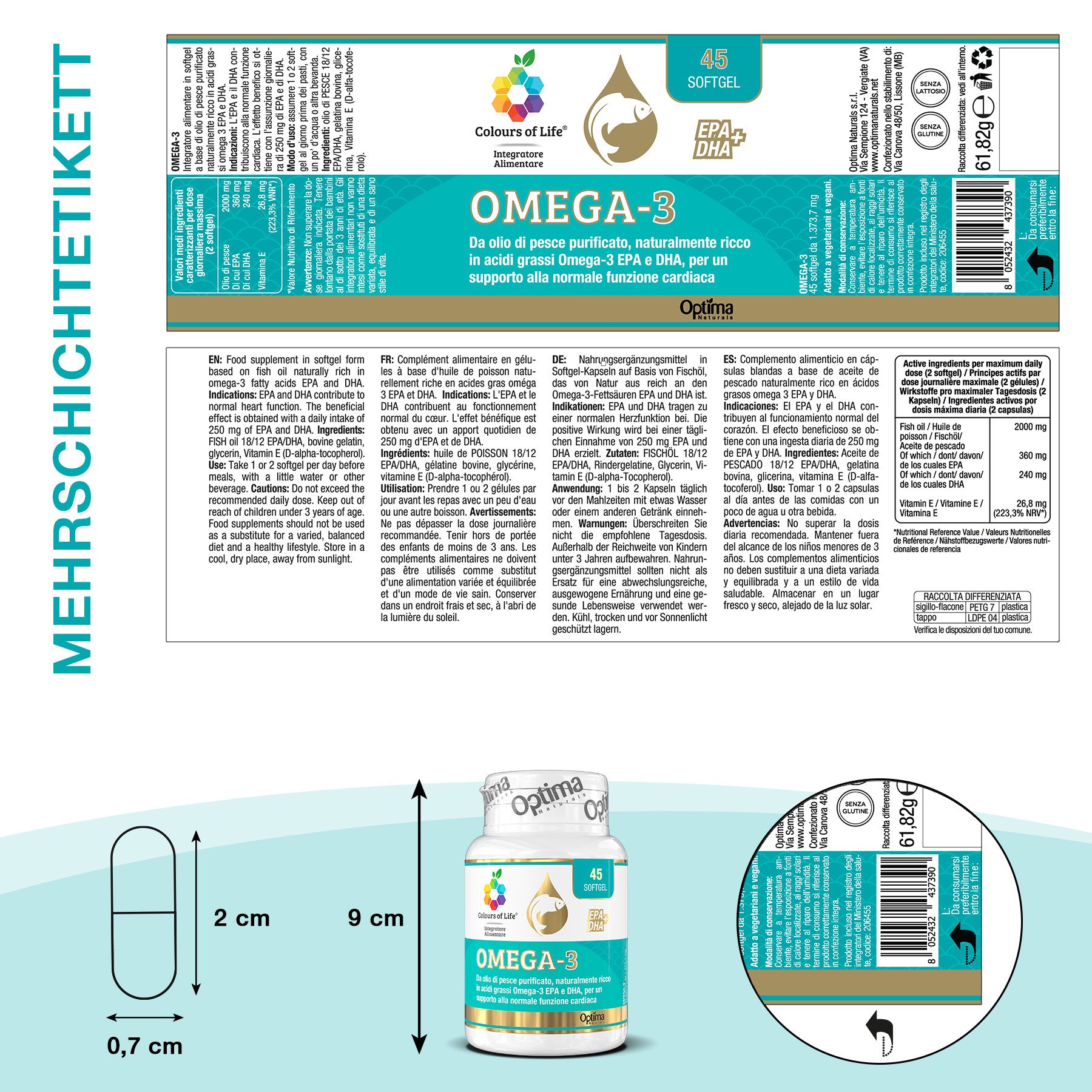 Produktverpackung mit Text und Abbildungen. Fläschchen mit 45 Kapseln. Kapsel-Abmessungen: 2 cm x 0,7 cm. Text: Omega-3, Optima.