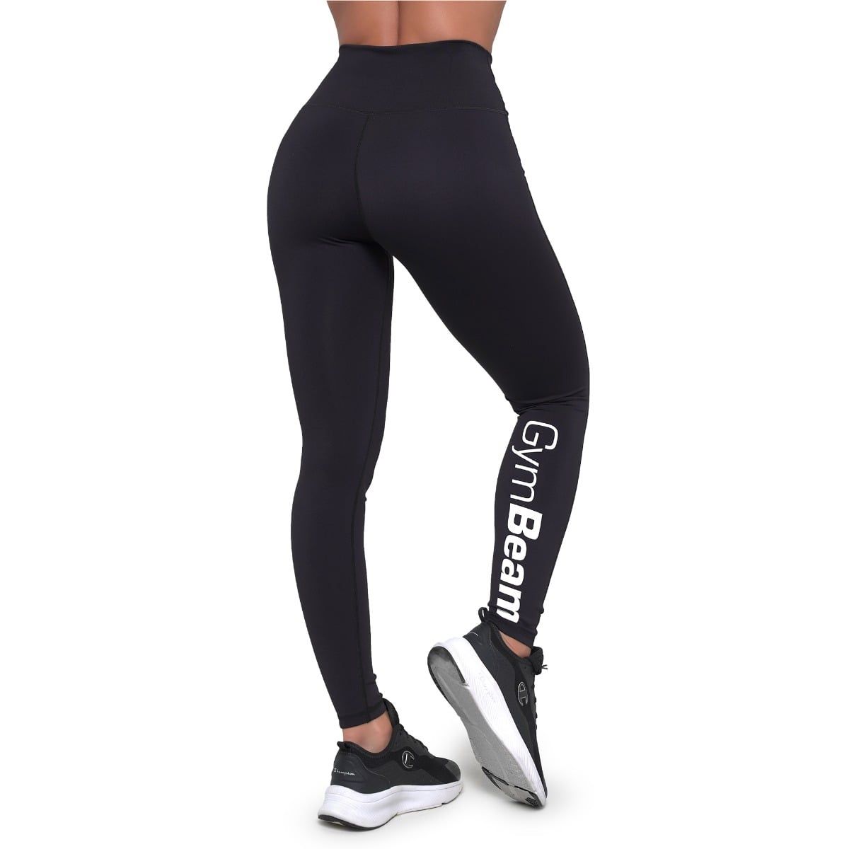 Rückansicht einer schwarzen Damen-Leggings mit hohem Bund und GymBeam-Schriftzug am Bein.
