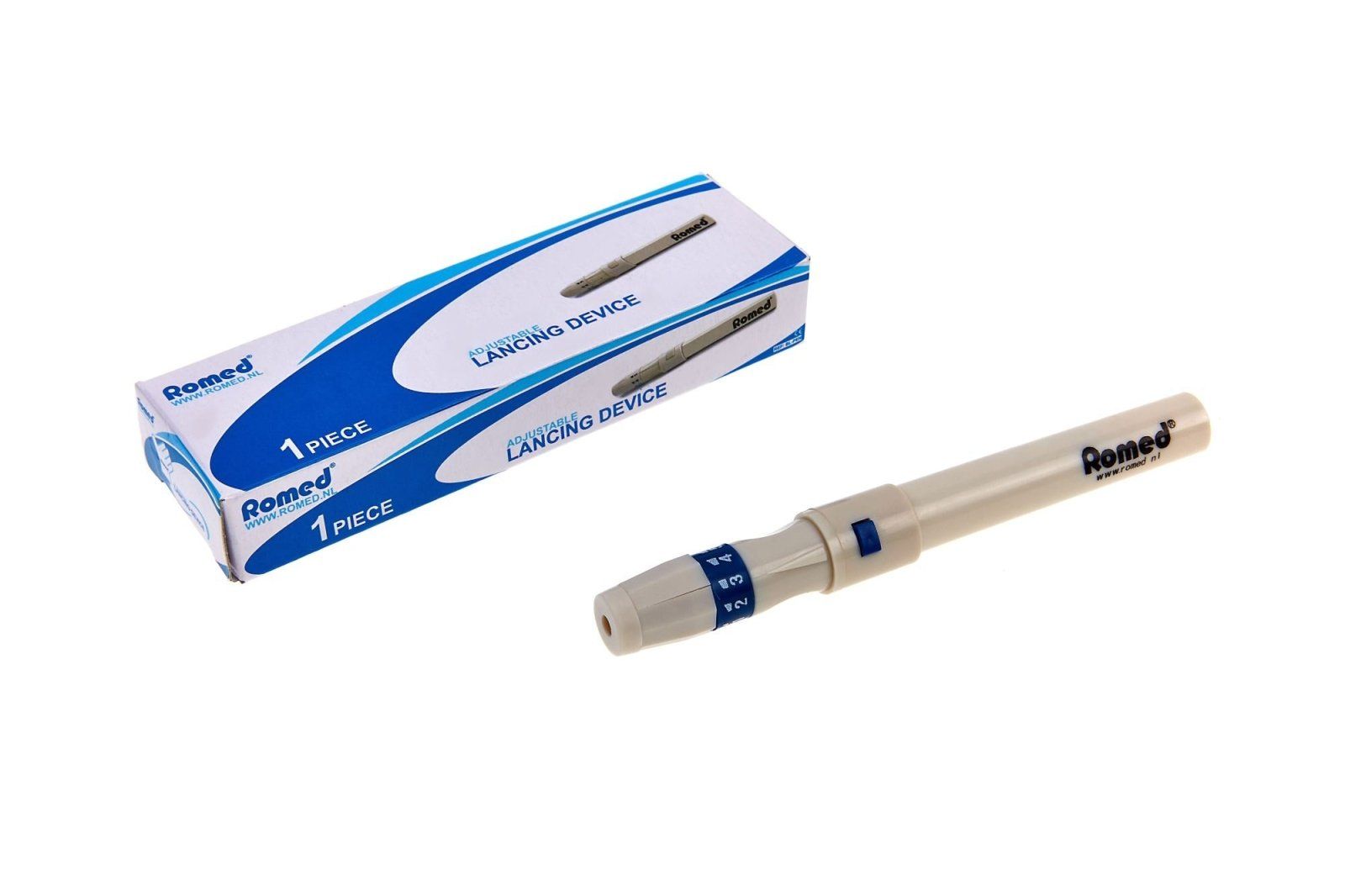 Romed Stechhilfe und Verpackung. Beige und blau. Aufschrift Romed. Verpackung mit Text Lancing Device.