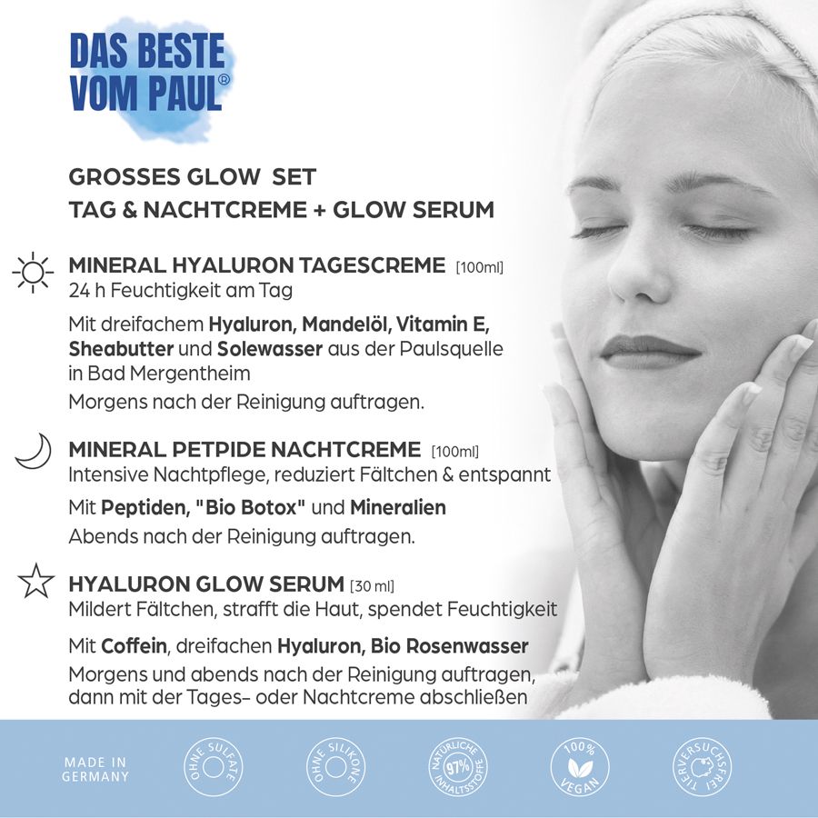 Frau mit geschlossenen Augen, Händen im Gesicht. Text: Großes Glow Set, Tag & Nachtcreme + Glow Serum. Produktinformationen.