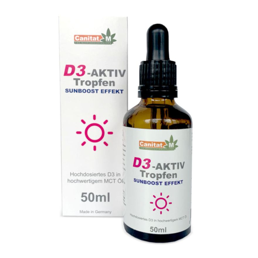 Braune Glasflasche mit Tropfer und weißer Verpackung. Aufschrift: D3-AKTIV Tropfen, Sunboost Effekt, 50ml. Canitat M Logo.