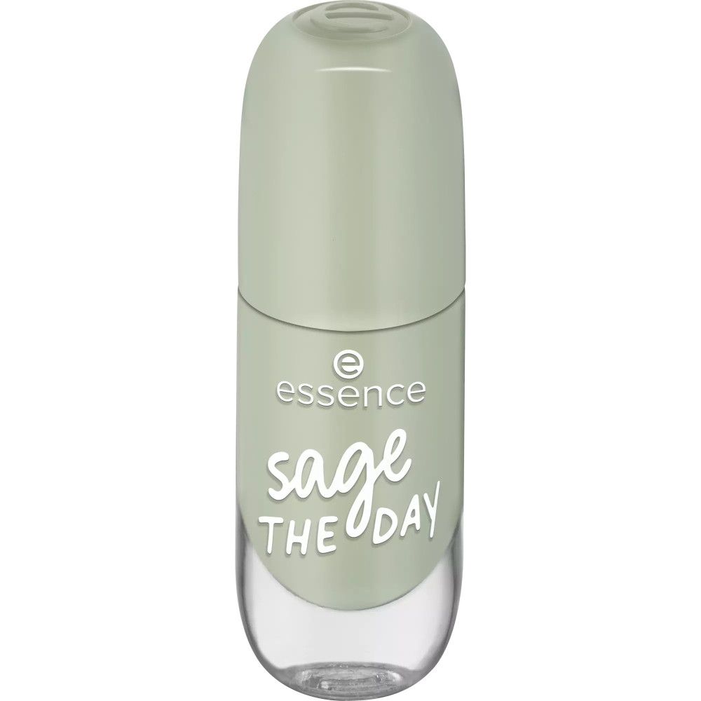 Nagellackflasche mit hellgrünem Deckel. Auf der Flasche steht "essence sage THE DAY".