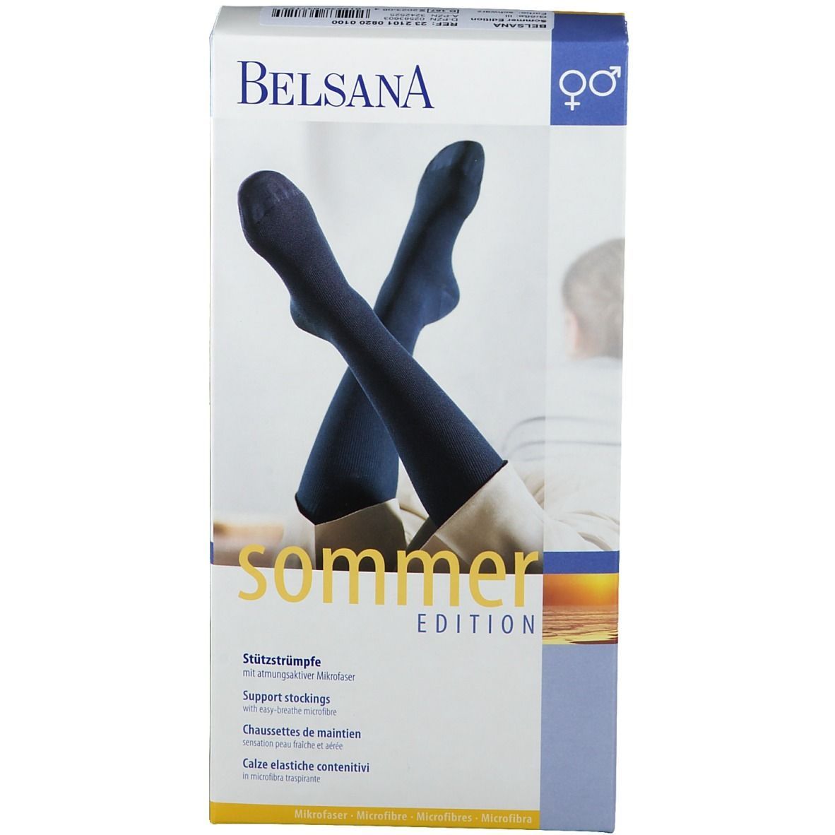 BELSANA Sommer Edition Stützkniestrumpf, schwarz, auf Verpackung. Zwei Beine, Sonnenuntergang.