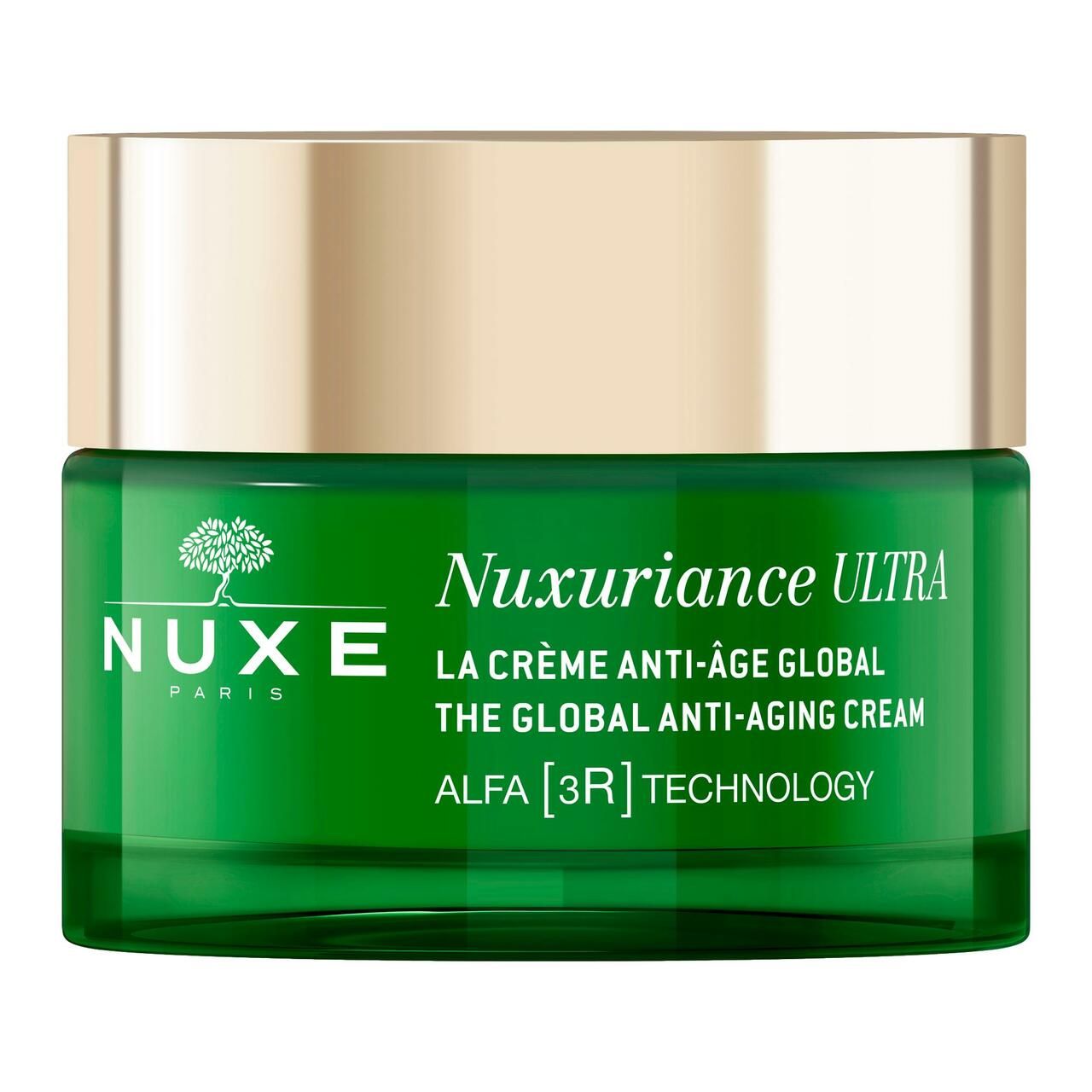 Grünes Glastiegel mit goldfarbenem Deckel. Aufschrift: NUXE, Nuxuriance ULTRA, La Crème Anti-Âge Global, The Global Anti-Aging Cream.
