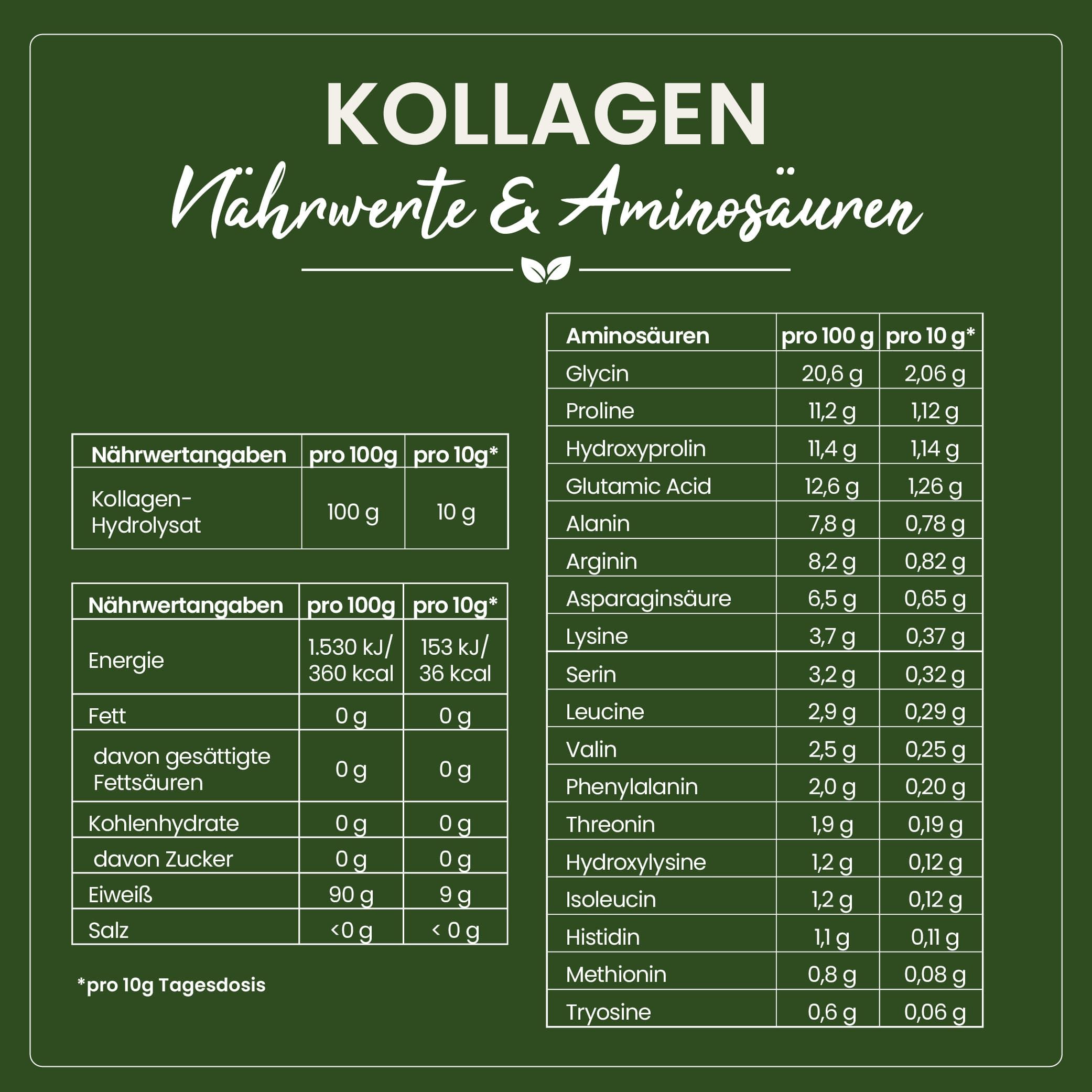 Tabelle mit Nährwerten und Aminosäuren für Kollagen-Hydrolysat.