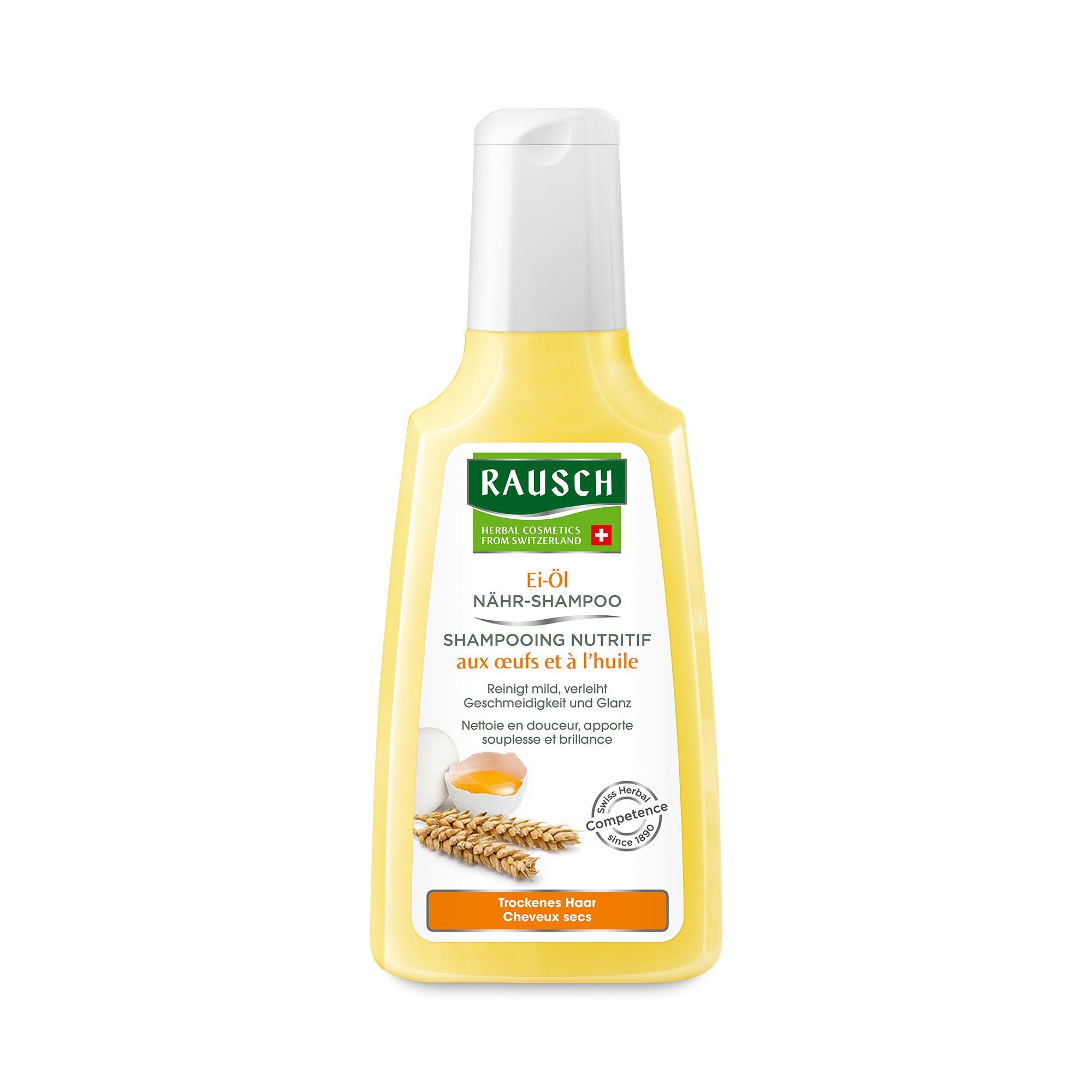 Gelbe Shampoo-Flasche mit weißem Deckel. Aufschrift: RAUSCH Ei-Öl Nähr-Shampoo. Abbildung von Ei und Weizenähren.