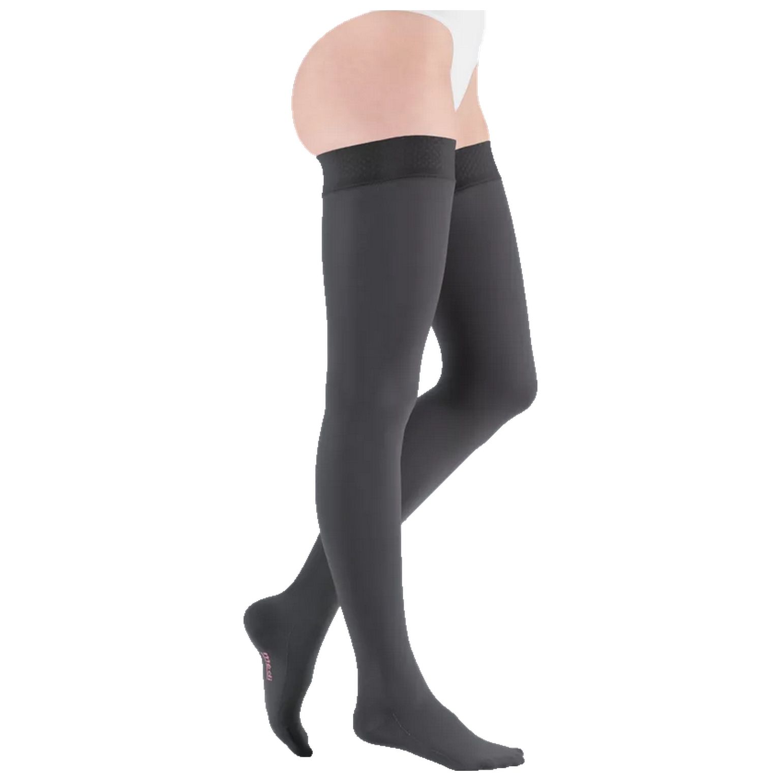 Graue Kompressions-Schenkelstrümpfe. Schwarzer Bund. Auf einer Person getragen.