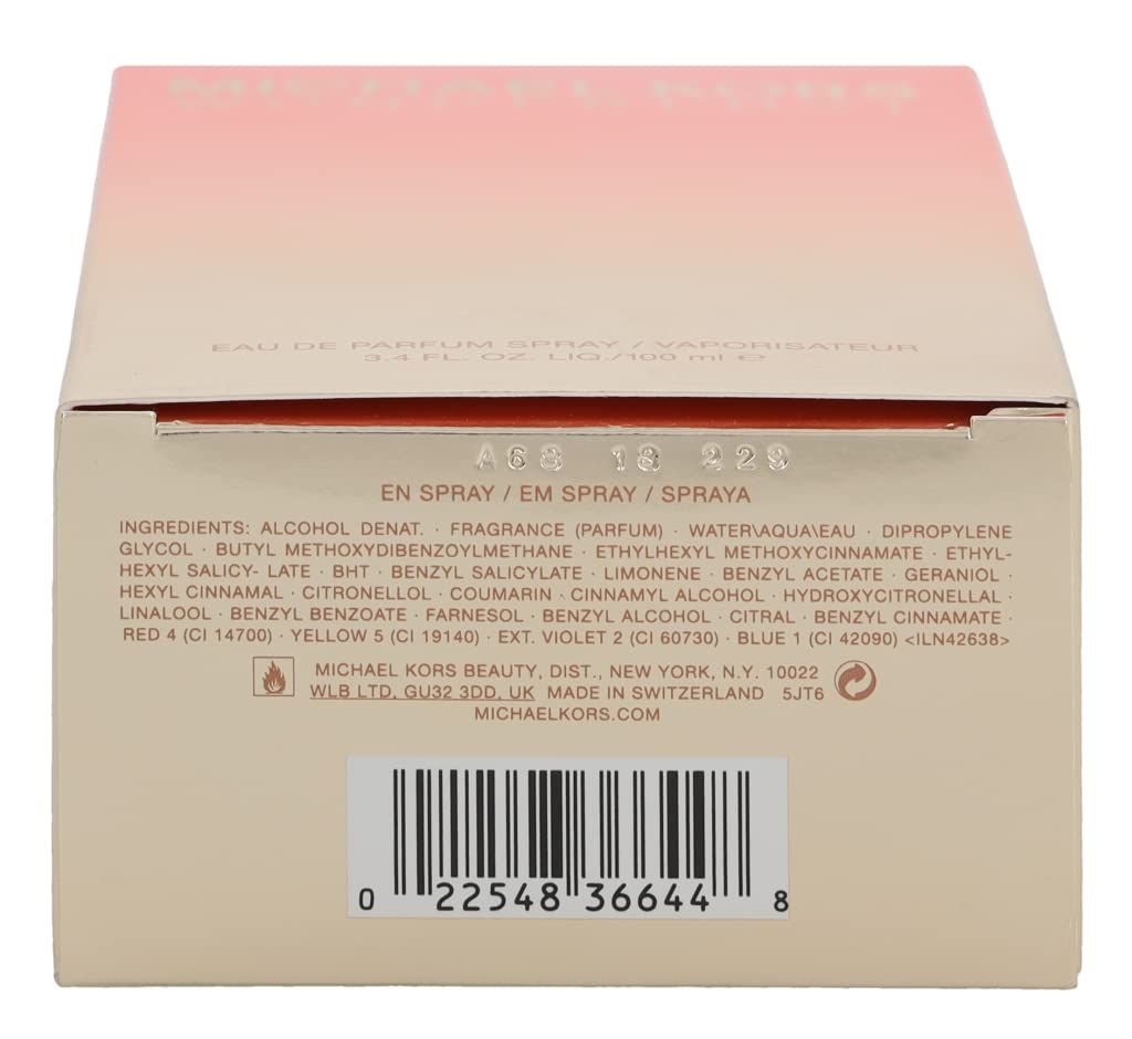 Rückseite der Verpackung von Michael Kors Wonderlust Edp Spray. Enthält Inhaltsstoffe, Barcode und Warnhinweise.