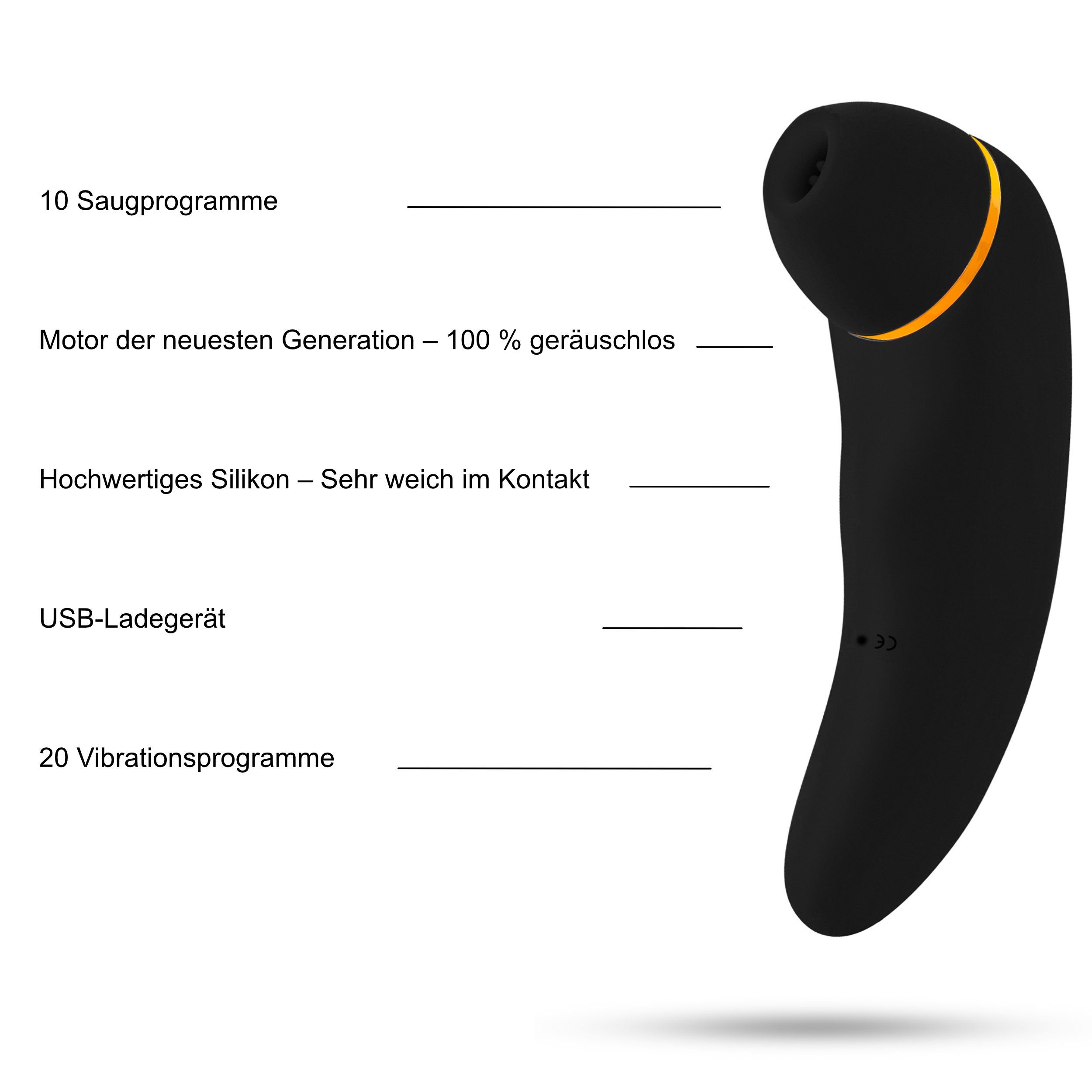 Schwarzer Klitorissauger mit Dildo-Form. 10 Saugprogramme, 20 Vibrationsprogramme, USB-Ladegerät.