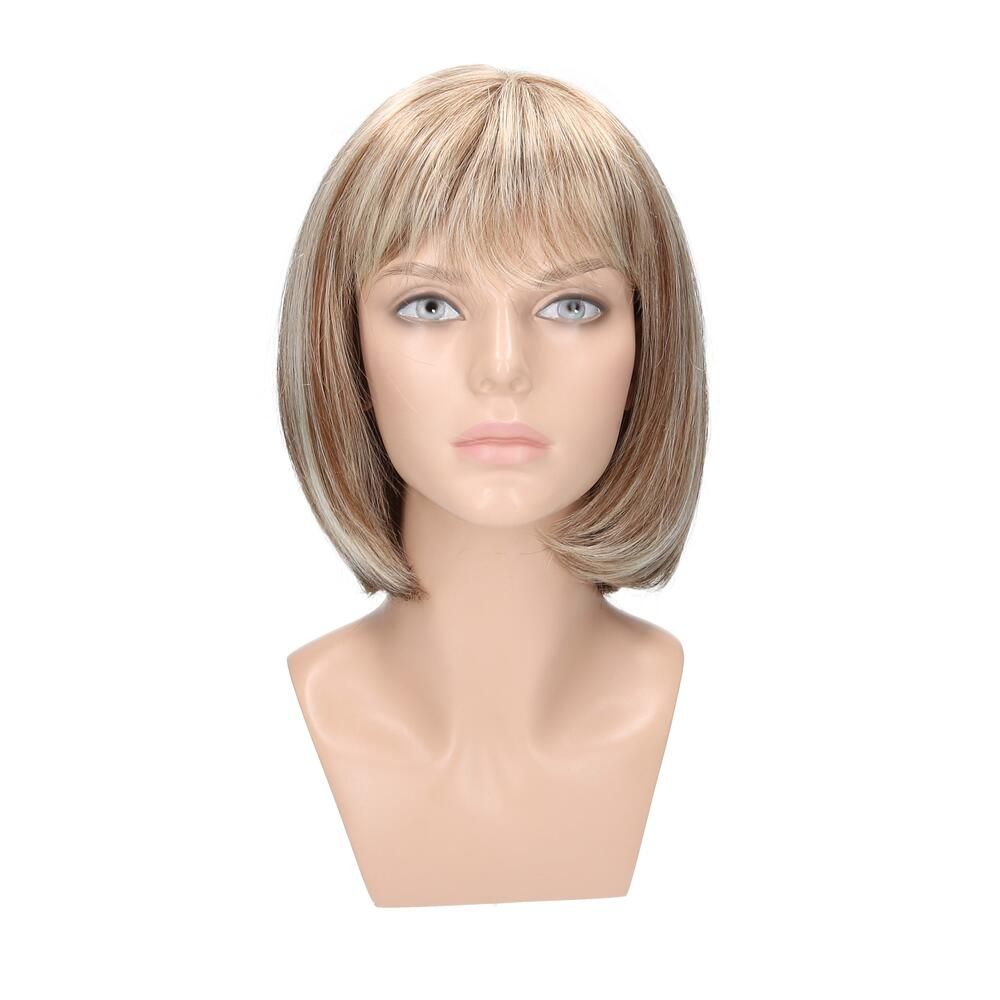 Perücke Nicole von Lofty auf einer Schaufensterpuppe. Blond mit braunen Strähnen, kurzer Bob mit Pony. Frontansicht.