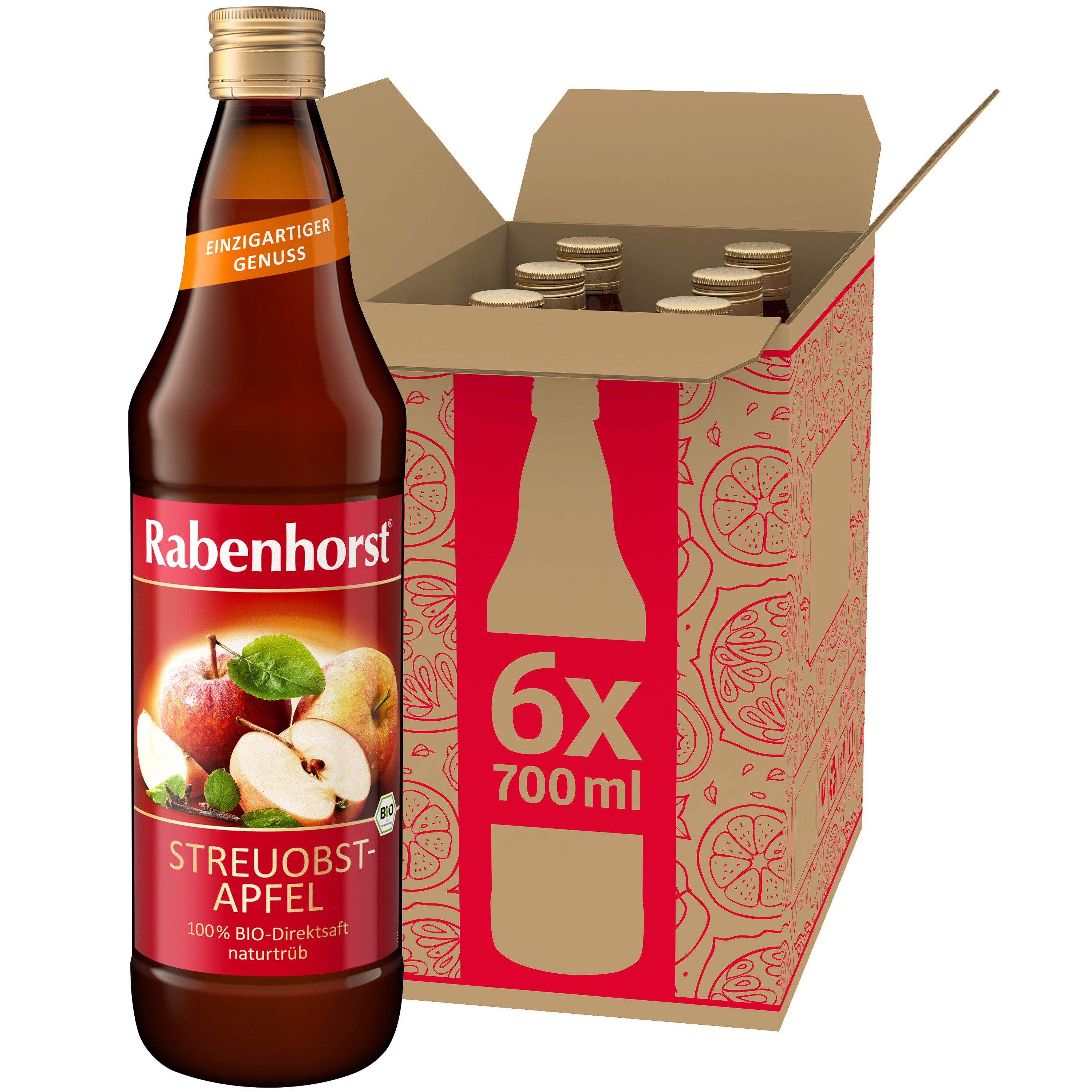Rabenhorst Streuobst-Apfel BIO-Direktsaft-Flasche und Karton mit 6 Flaschen. Etikett mit Produktname, Apfel-Illustration und Logo.