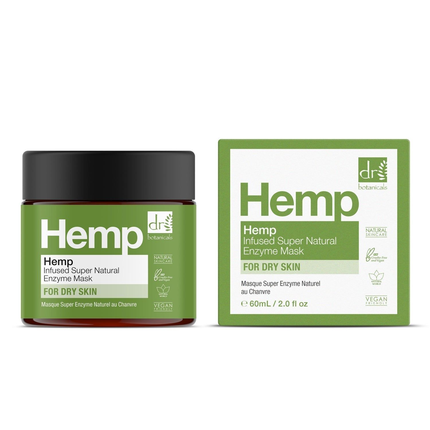 Grünes Glas und Schachtel. Aufschrift: Hemp, Enzyme Maske, für trockene Haut. Vegan-Siegel. 60ml/2.0 fl oz.
