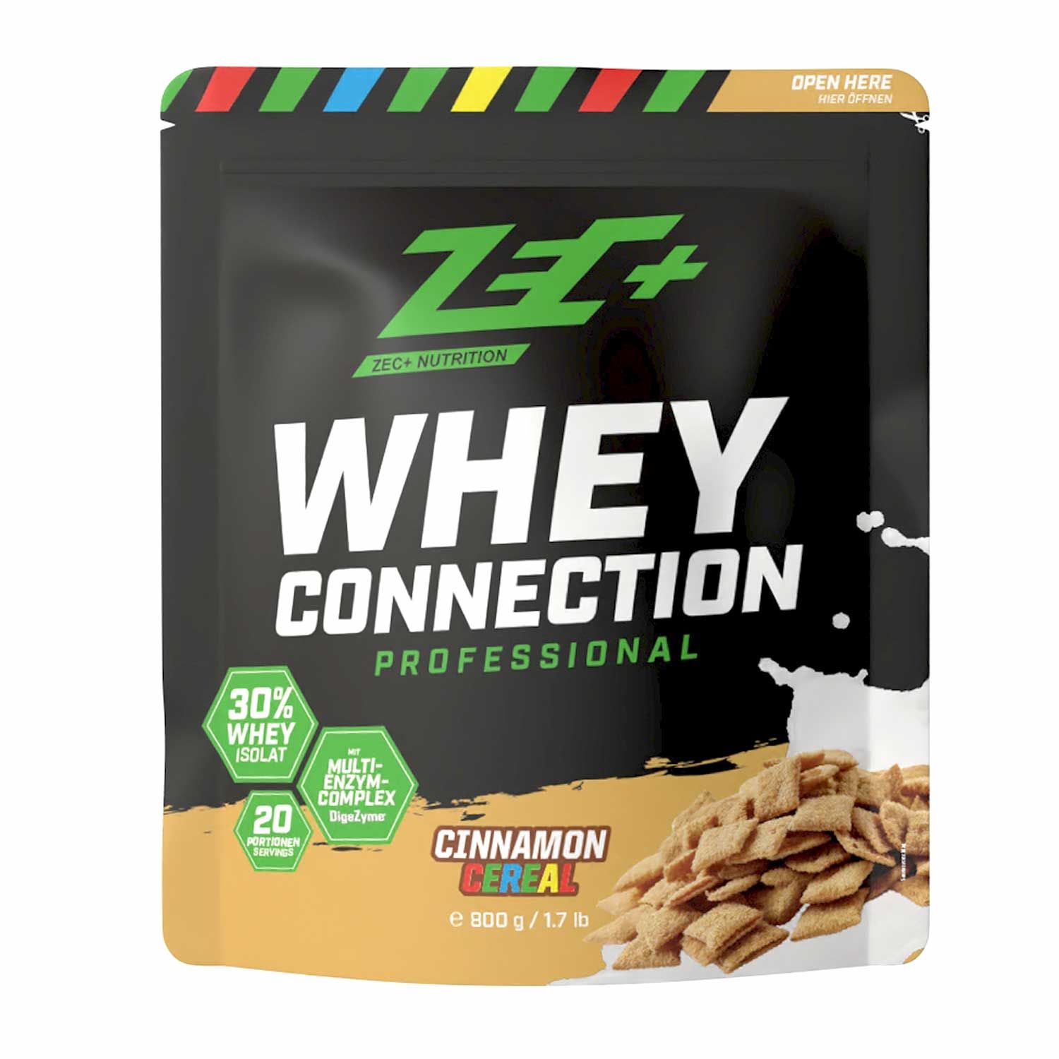 ZEC+ Whey Connection Professional Zimtcerealien. Beutel mit Produktabbildung und Text. 800 g / 1,7 lb.