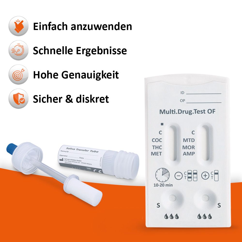 Drug-Test-Kit mit Testkassette, Probenröhrchen. Aufdruck: Multi.Drug.Test OF. Marke: self-diagnostics.