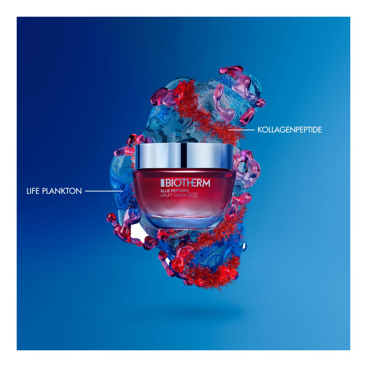 Blaue Produktverpackung. Text: BIOTHERM BLUE PEPTIDES UPLIFT CREAM NIGHT.