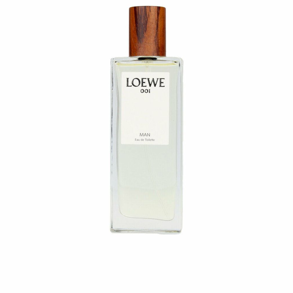 Loewe 001 Man Eau de Toilette Spray. Rechteckiger Glasflakon mit Holzdeckel. Weißes Etikett mit Logo und Produktbezeichnung.