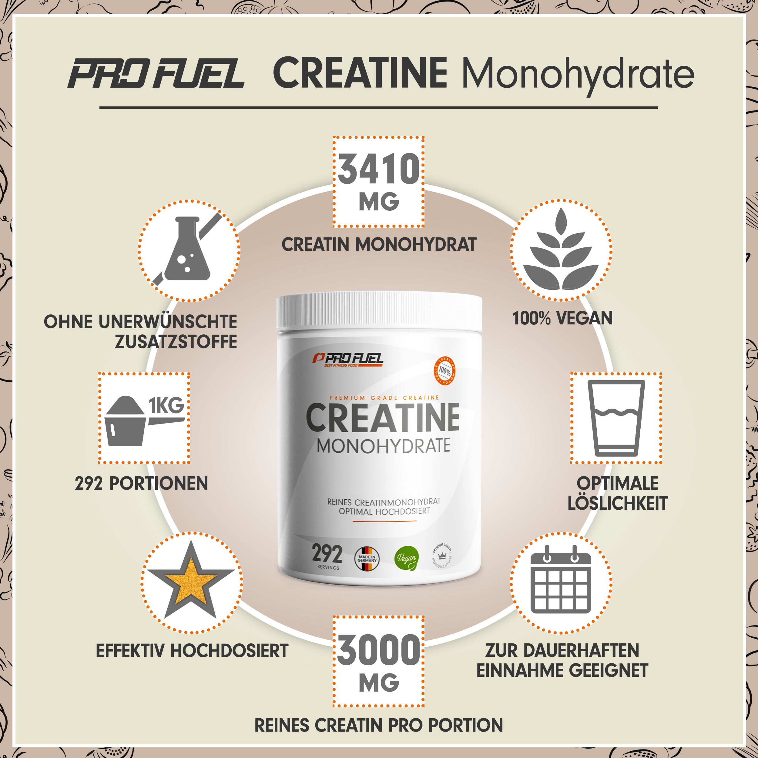Weißes ProFuel Creatine Monohydrate-Behälter. Text: Creatine Monohydrate, 1 kg, 292 Portionen, 100% vegan, optimale Löslichkeit, 3000 mg pro Portion.