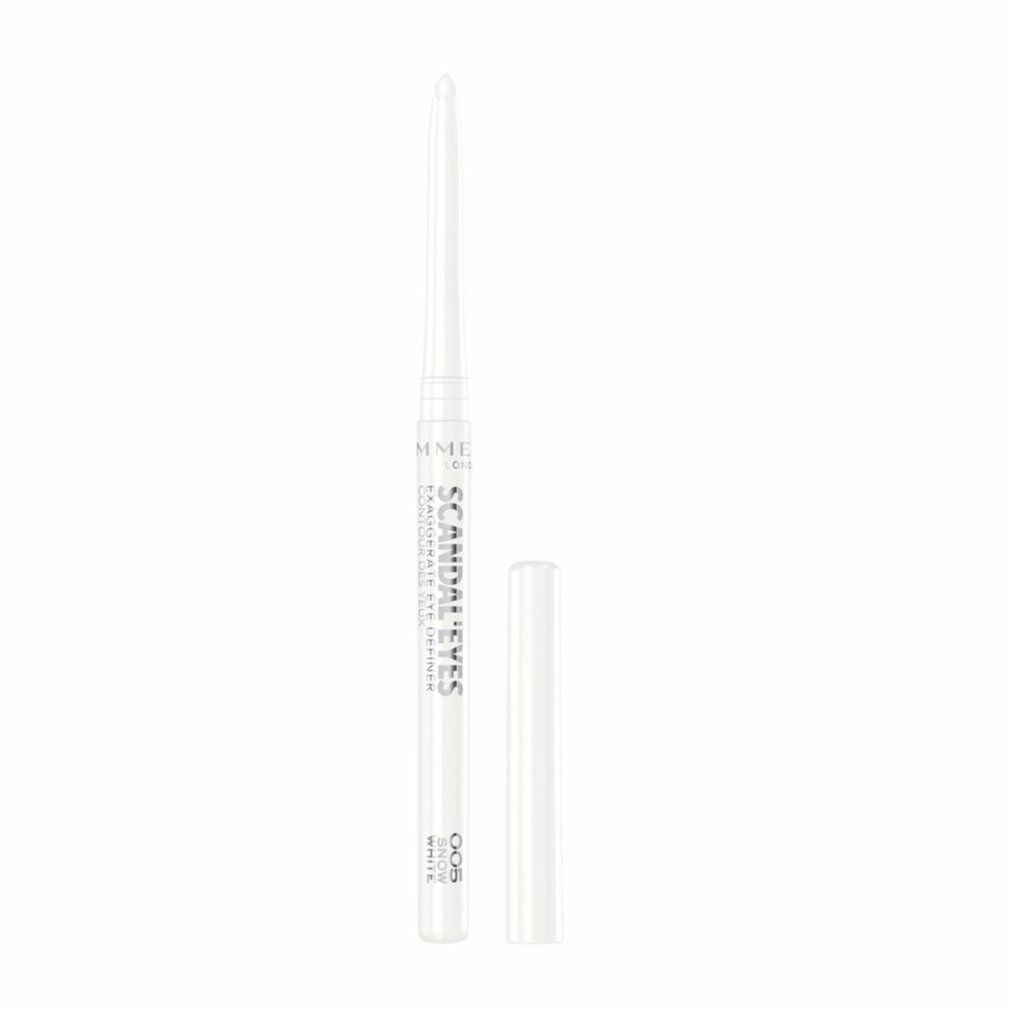 Weißer Eyeliner-Stift mit abgenommener Kappe. Aufschrift: Scandal Eyes, Exaggerate Automatico. Farbcode: 005 White.