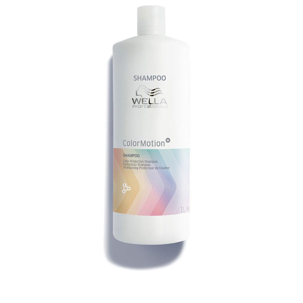 Weiße Shampoo-Flasche mit farbigem Etikett. Aufschrift: Color Motion, Wella.