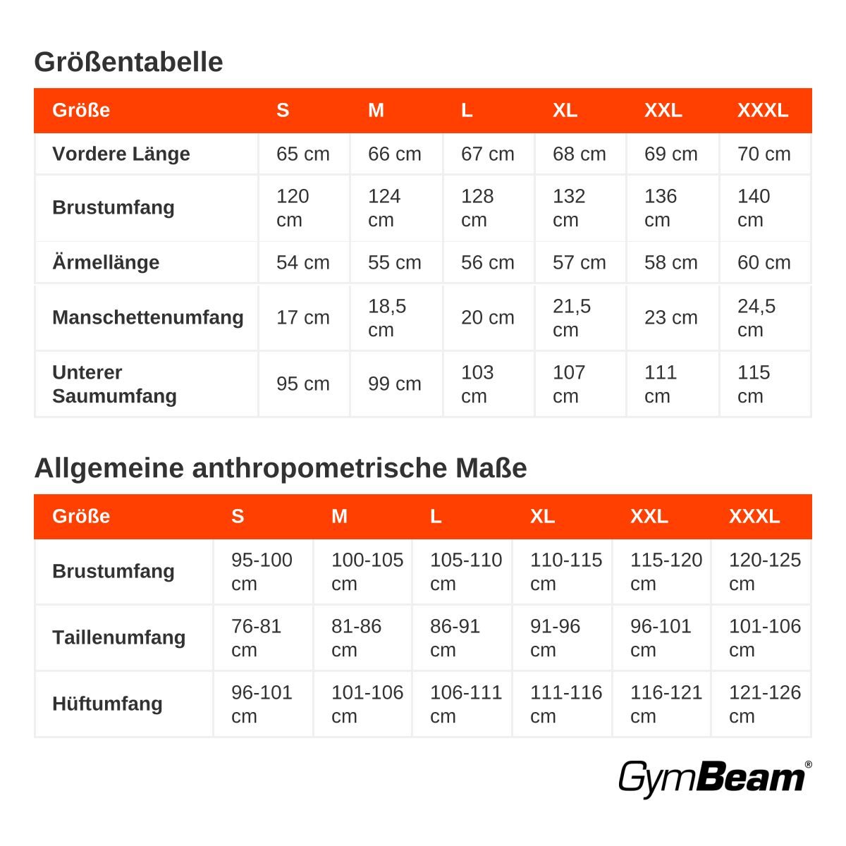 Größentabelle für Herren Bekleidung: Maße für Vorderlänge, Brustumfang, Ärmellänge, Manschetten- und Saumumfang.