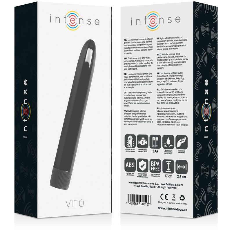 Verpackung mit schwarzem Vibrator. Text: Intense, Vito. Logos und Piktogramme.