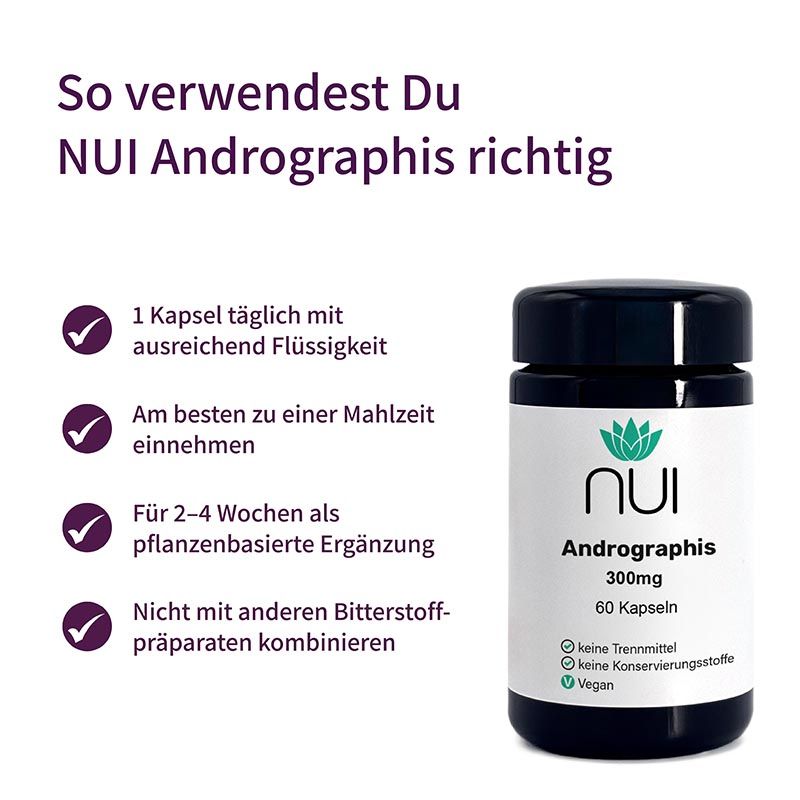 Schwarze Flasche mit weißem Etikett. Aufschrift: NUI Andrographis, 300mg, 60 Kapseln. Vegan. Text mit Anwendungshinweisen.