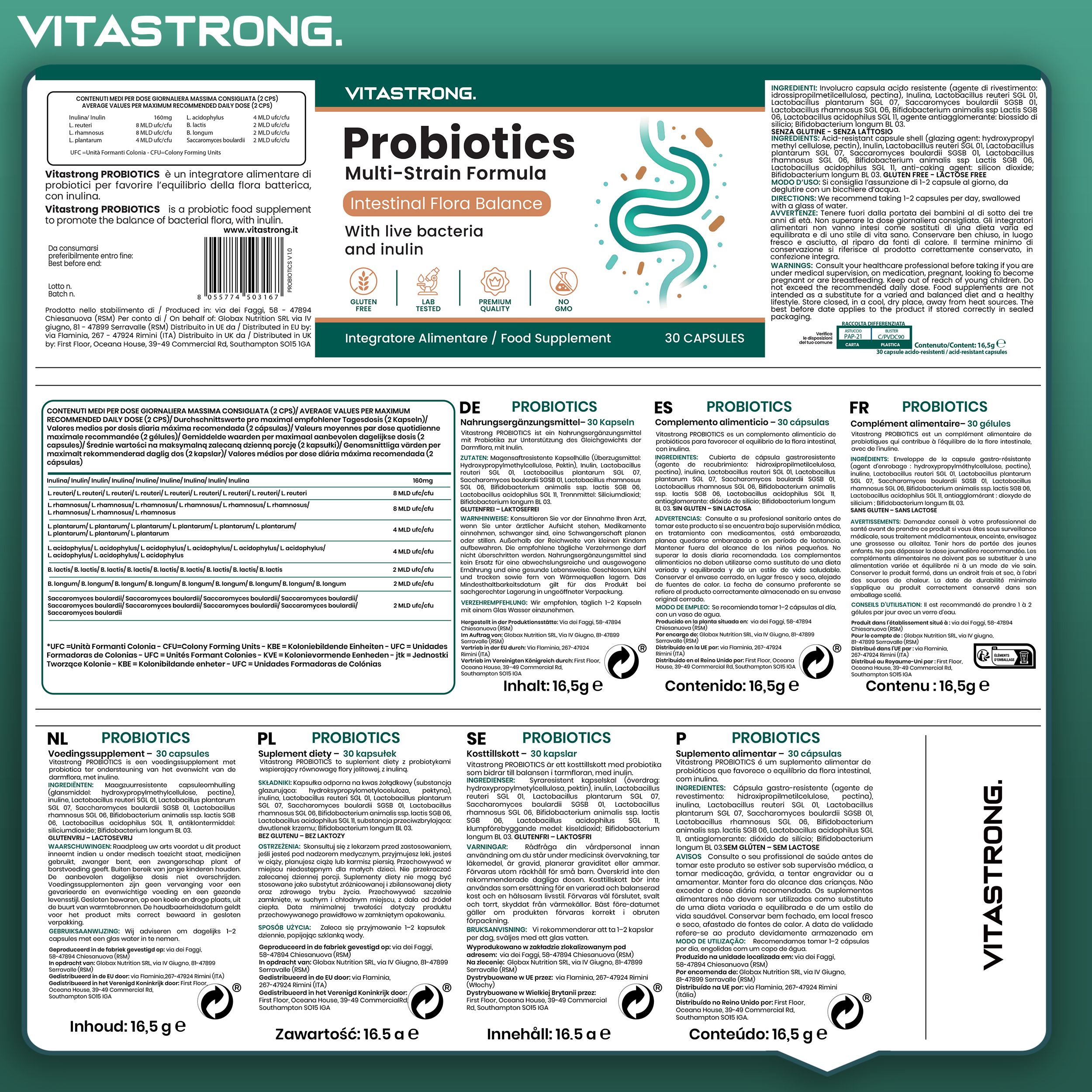 Rückseite der Verpackung. Vitastrong Probiotika. 30 Kapseln. Inhaltsstoffe, Nährwertangaben.
