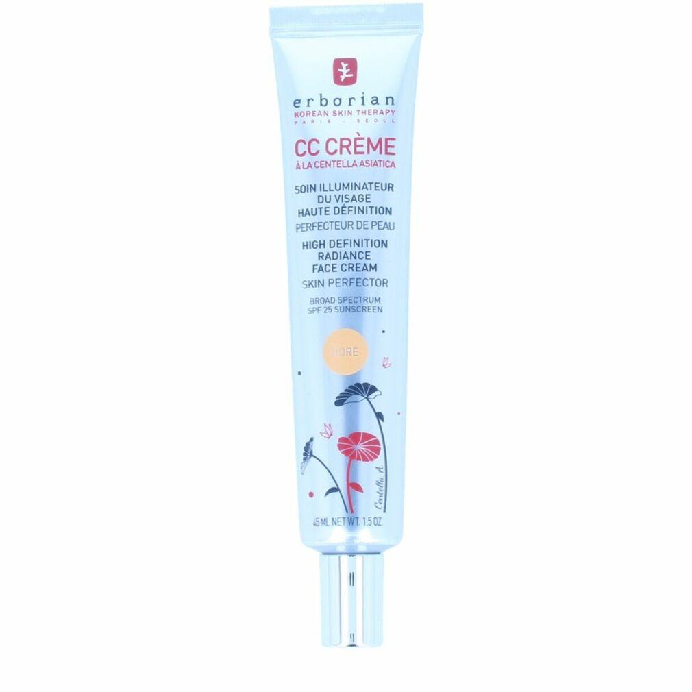 Silberne Tube mit CC Crème. Text und Logo. Blütenmuster. 45 ml. SPF 25. Farbton Doré.