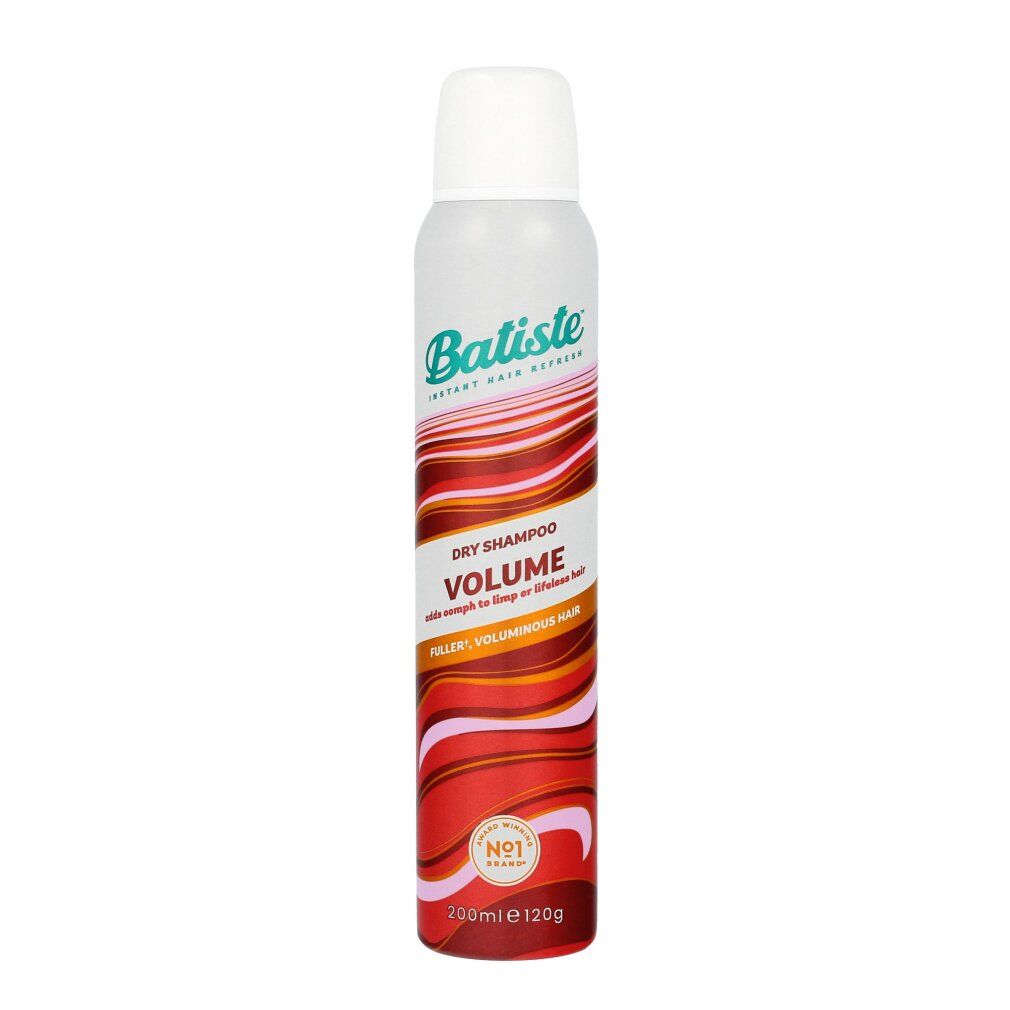 Weiß-rote Sprühdose mit weißem Deckel. Aufschrift: Batiste Dry Shampoo & Volume. Mit rotem und braunem Wellenmuster.
