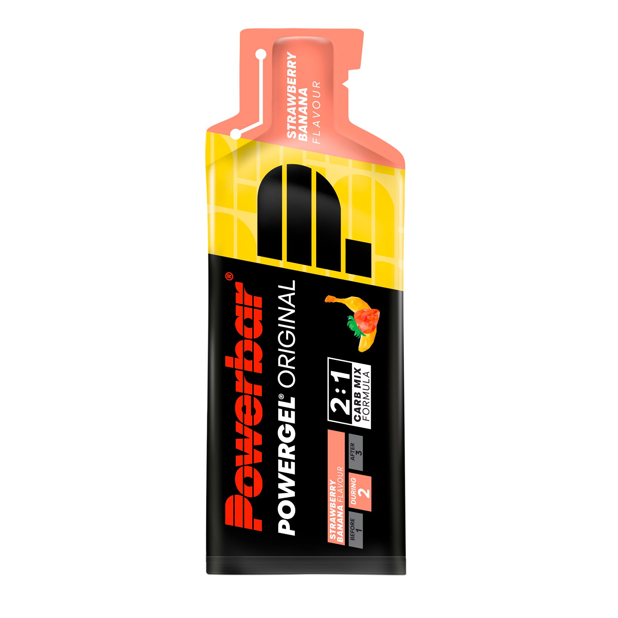 Gelpackung mit Erdbeer-Banane-Geschmack. Schwarzer Hintergrund, gelbe und rote Elemente. PowerBar-Logo und Produktname.