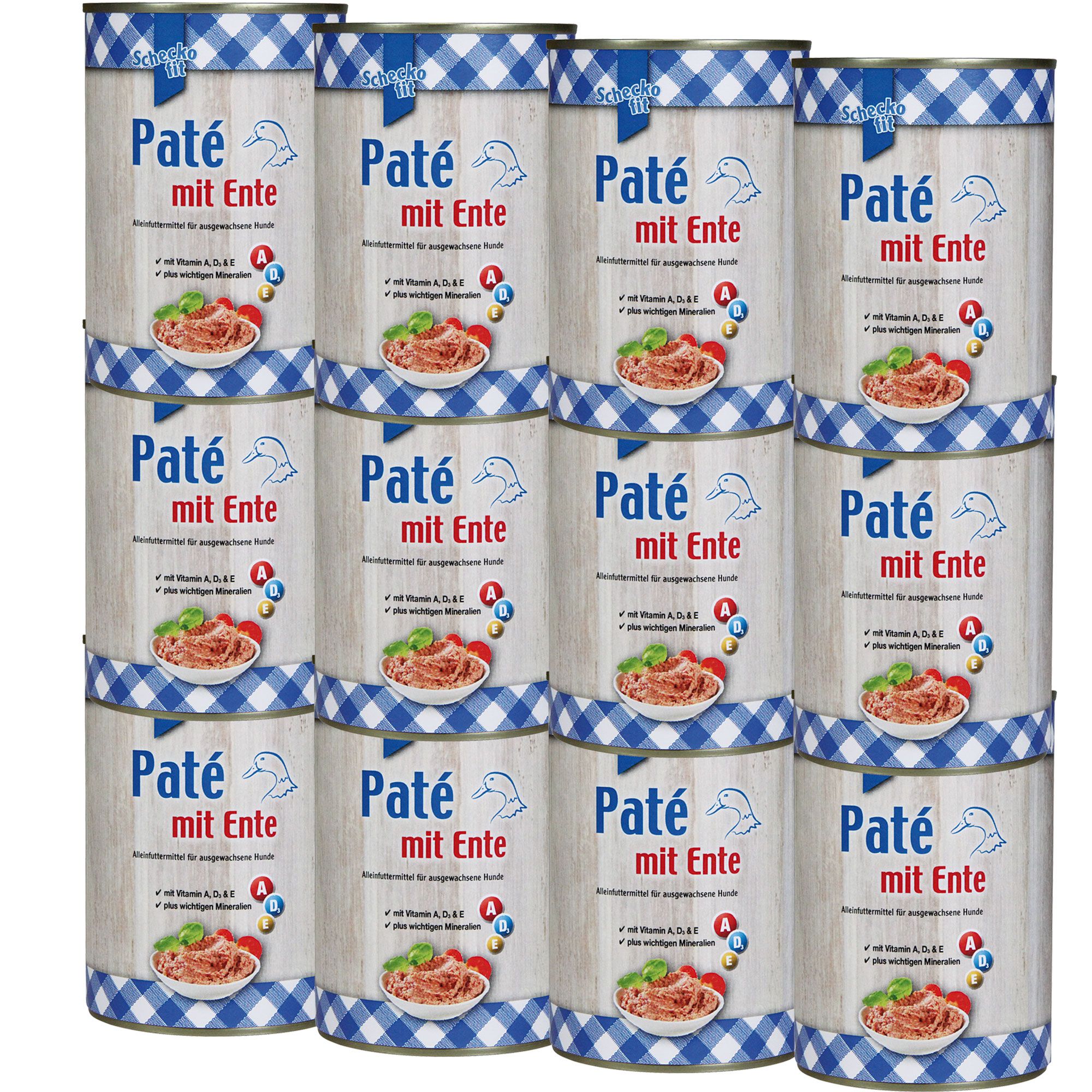 Mehrere Dosen Hundefutter. Aufschrift: Paté mit Ente. Blaue und weiße Karomuster. Auf jeder Dose ist ein Teller mit Futter abgebildet.