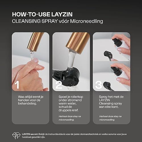 Drie afbeeldingen tonen gebruiksstappen. Tekst: HOW-TO-USE LAYZIN CLEANSING SPRAY. Handen wassen, roller reinigen.