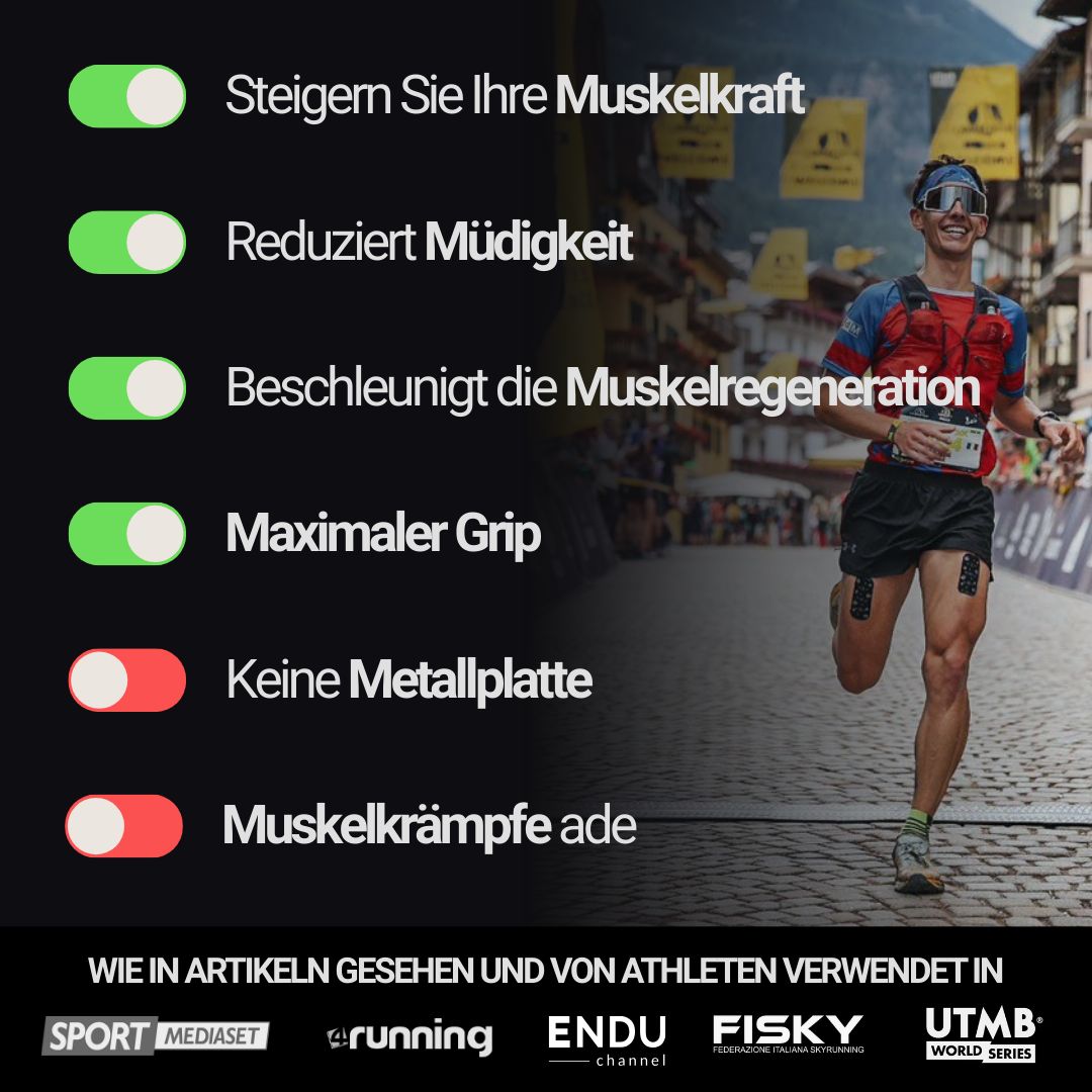 Läufer mit Sportpflastern. Text: Steigern Sie Ihre Muskelkraft, Reduziert Müdigkeit, Beschleunigt die Muskelregeneration.