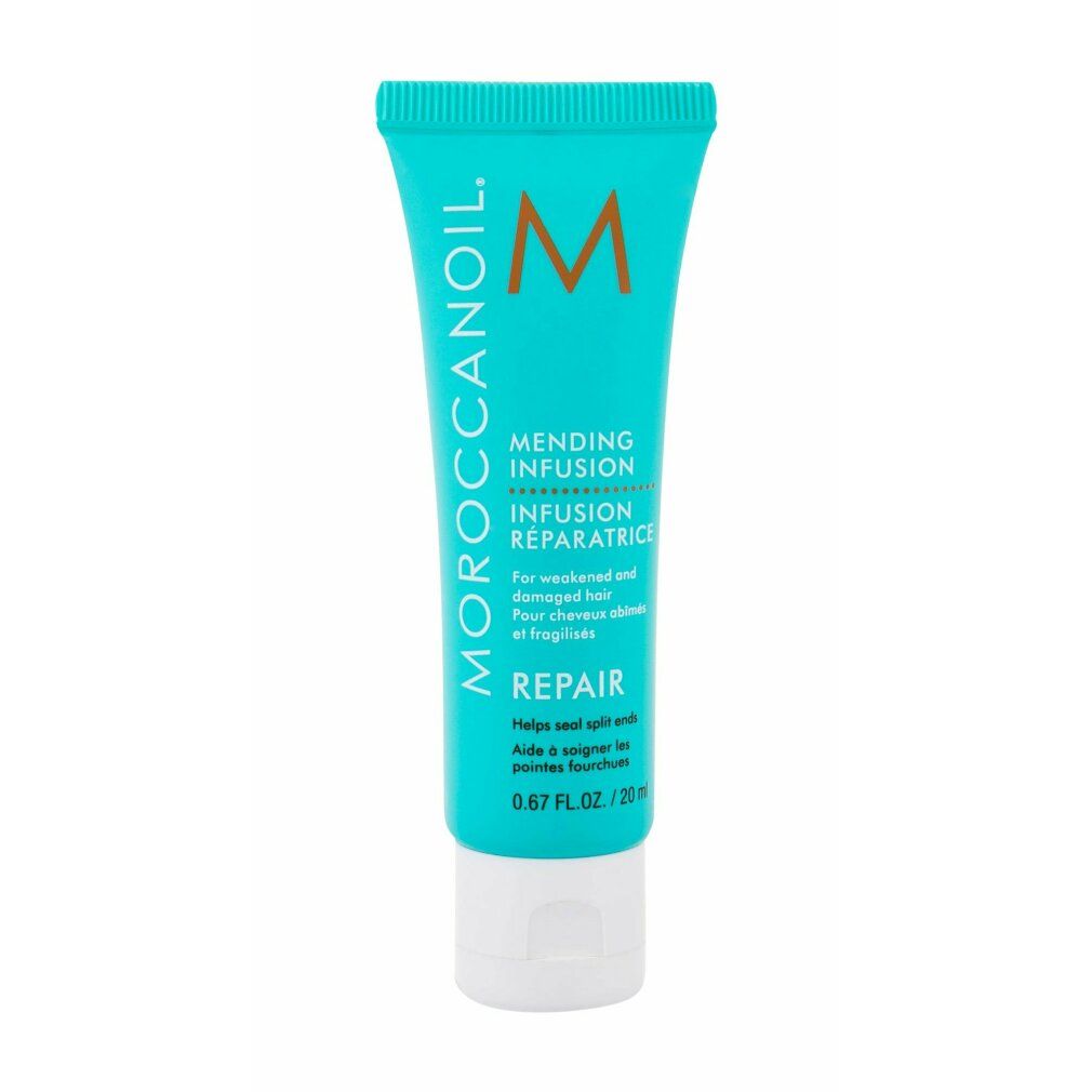Türkisfarbene Tube mit weißem Verschluss. Aufschrift: MOROCCANOIL, Mending Infusion, Repair. 0.67 FL.OZ./20 ml.