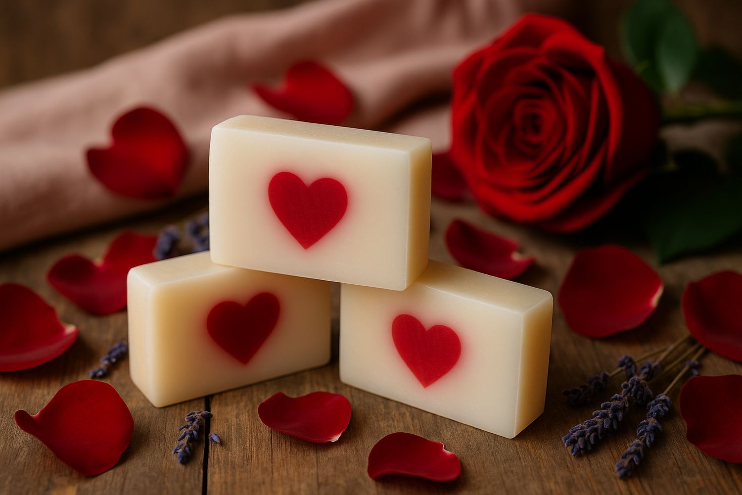 Drei rechteckige Seifenstücke mit rotem Herzmuster. Auf Holzuntergrund, umgeben von Rosenblättern und einer Rose.