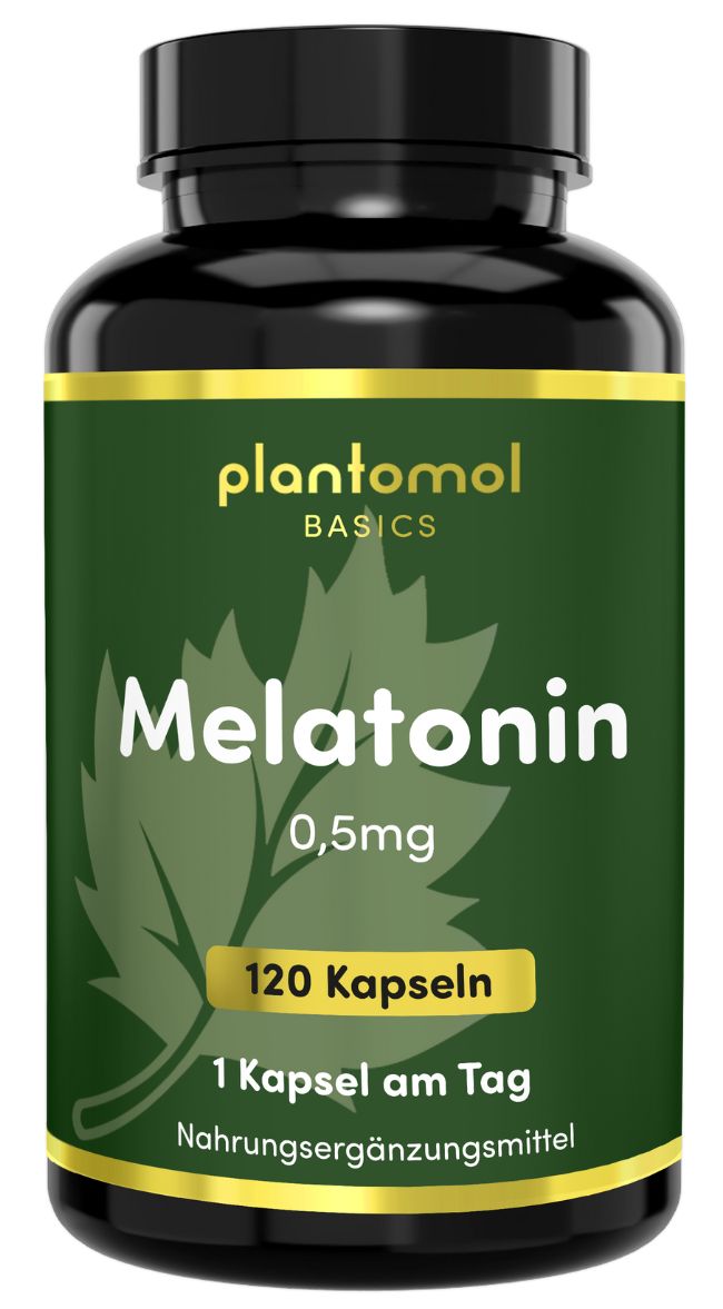 Braune Flasche mit grünem Etikett. Aufschrift: plantomol Basics, Melatonin 0,5mg, 120 Kapseln. Nahrungsergänzungsmittel.