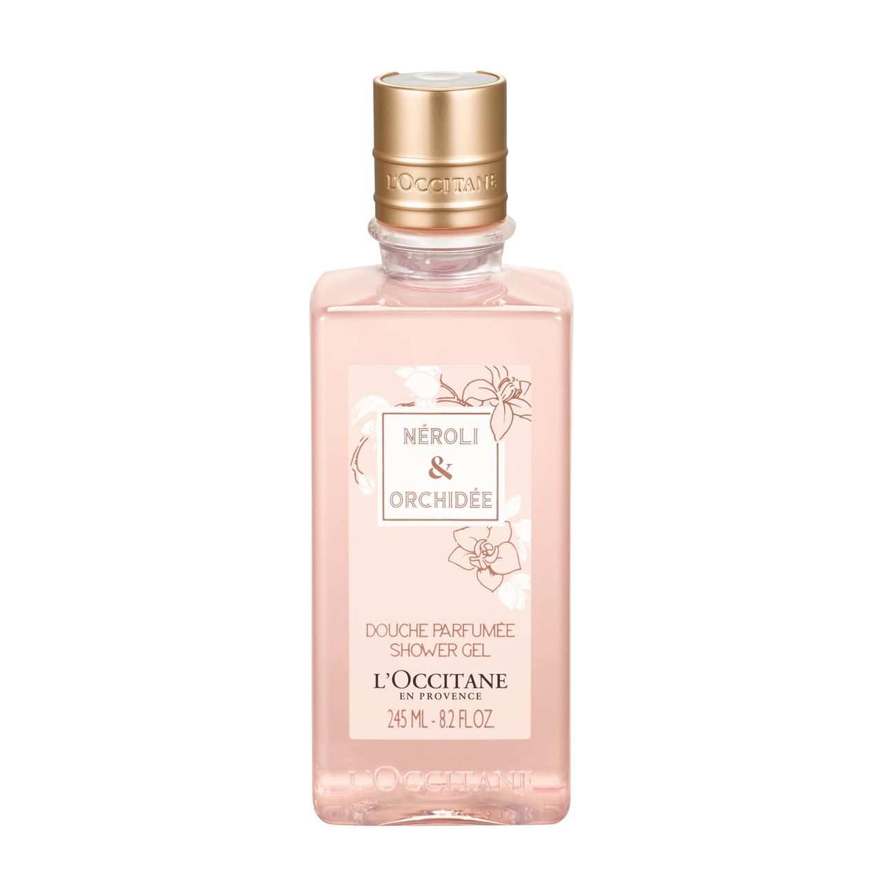 Duschgel von L'Occitane. Rechteckige Flasche mit goldfarbenem Verschluss. Etikett mit Produktnamen und floralen Illustrationen.