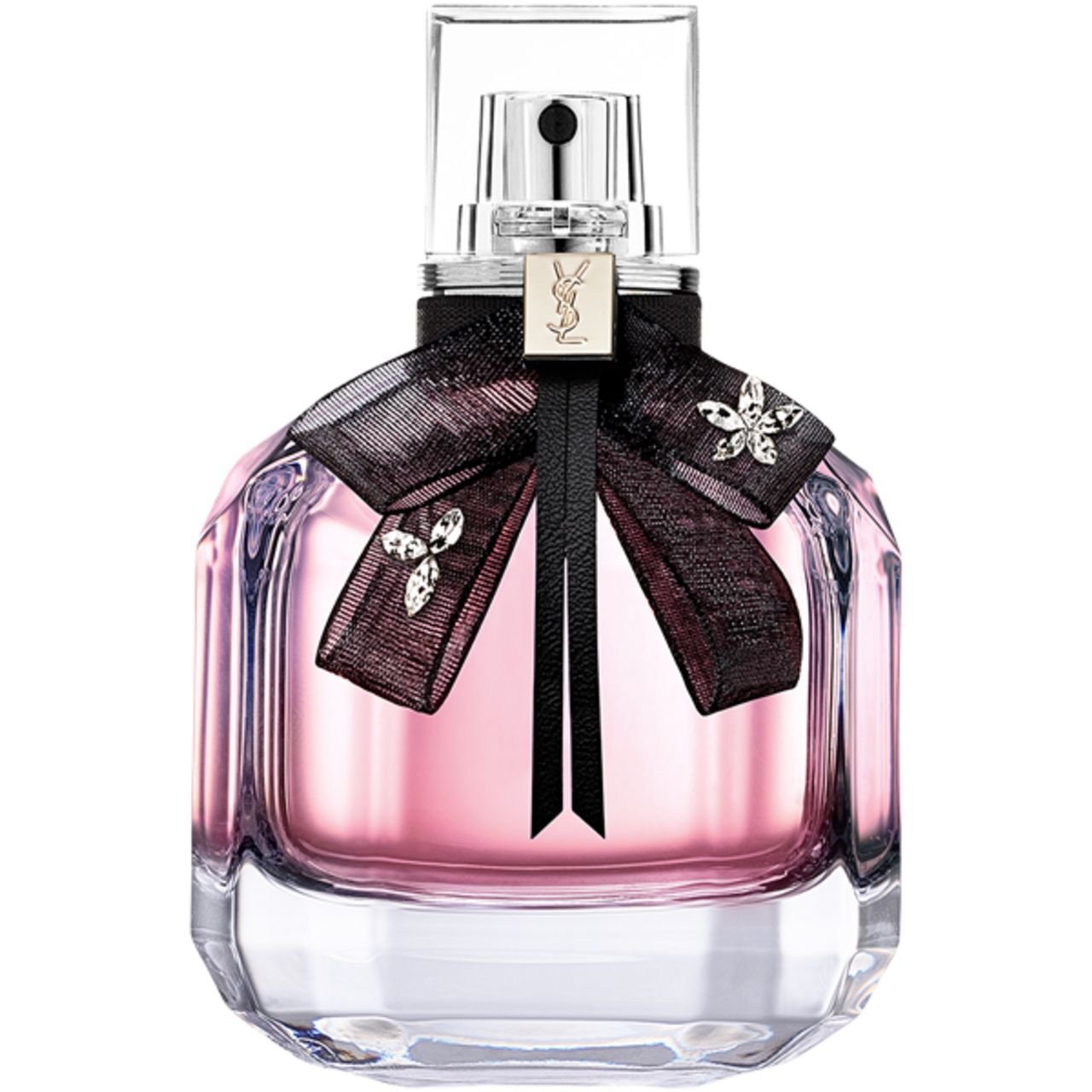 Parfümflakon mit schwarzer Schleife und Schmuckdetails. Aufschrift "Yves Saint Laurent". Rosa Flüssigkeit sichtbar.
