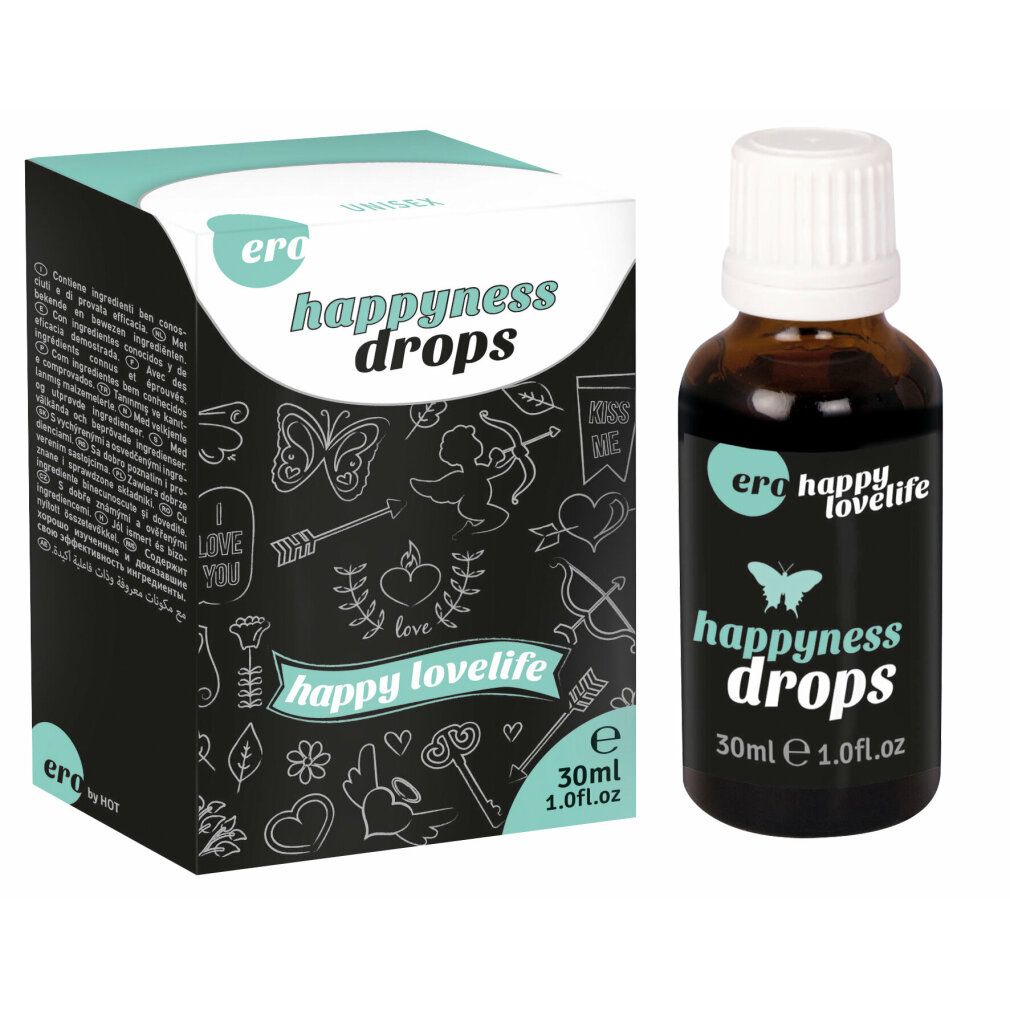 Verpackung 'happiness drops'. Schwarze Box mit Mustern, Aufdruck 'happiness drops' und 30ml Angabe.