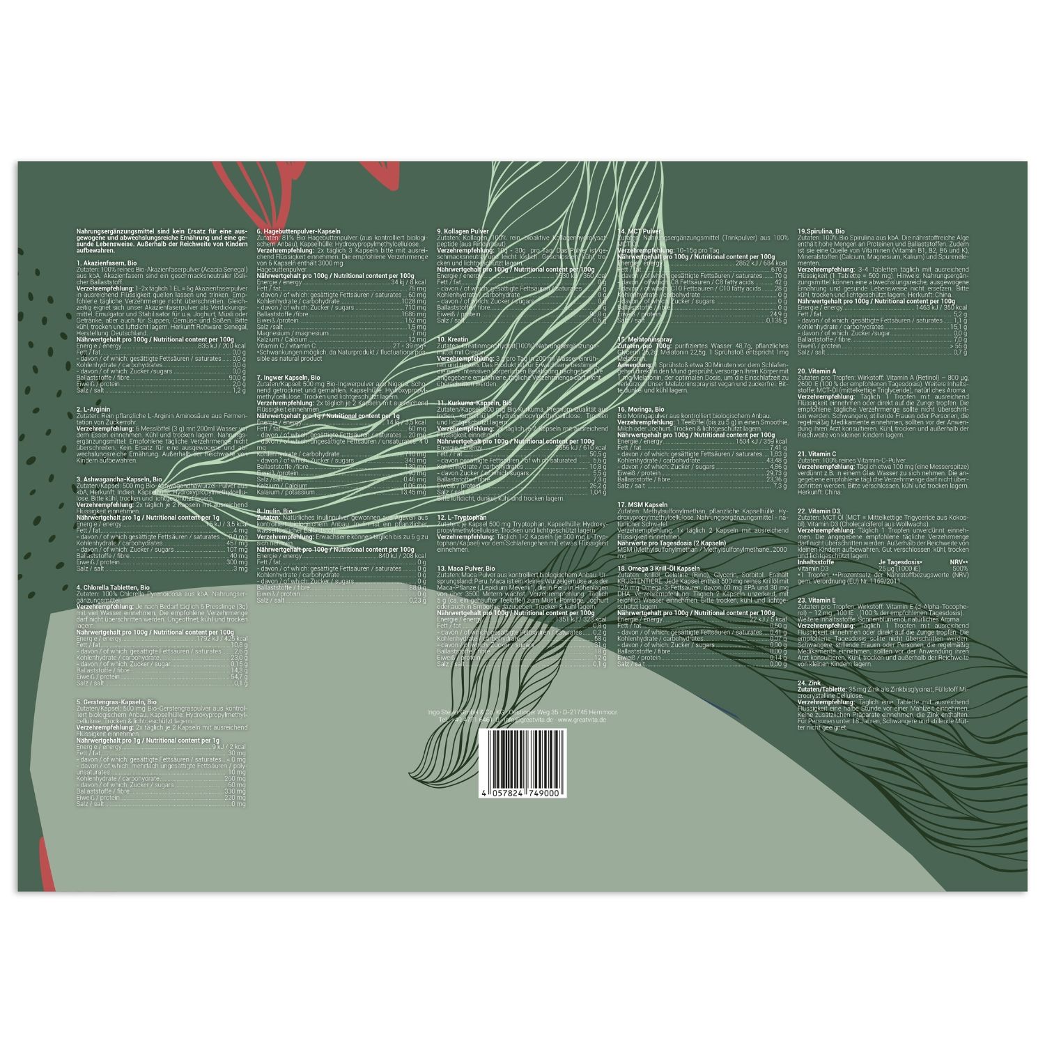 Rückseite des Adventskalenders. Grüne Farbe mit weißen Linien und Text. Barcode unten.