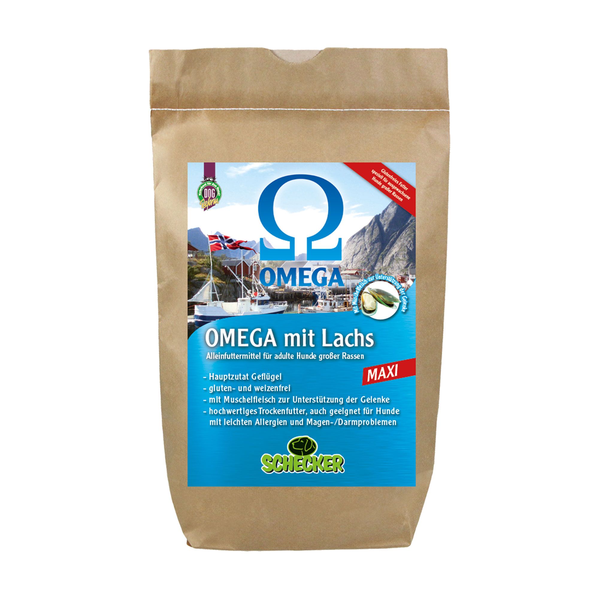 Beutel Trockenfutter mit Omega-Logo, Text: Omega mit Lachs, Maxi. Braune Papiertüte mit Produktabbildung.