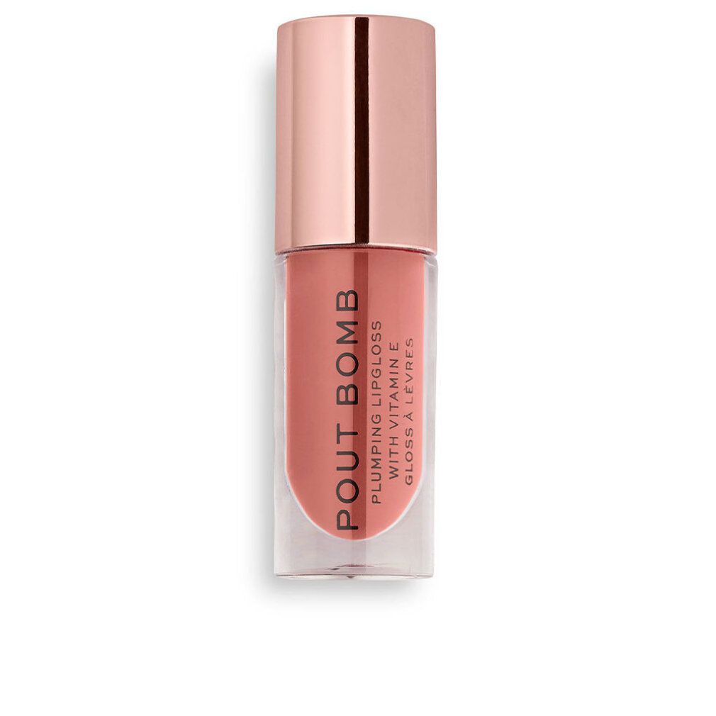 Lipgloss-Fläschchen mit rosafarbenem Inhalt und Deckel. Aufschrift: Pout Bomb, Plumping Lipgloss with Vitamin E, Gloss à Lèvres.