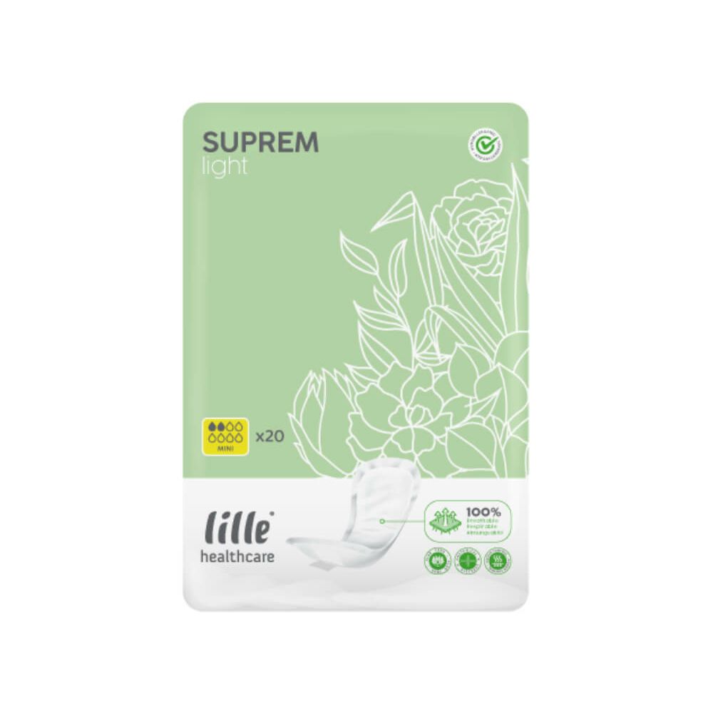 Verpackung mit Einlagen. Aufschrift SUPREM light, Lille healthcare. Grün-weißes Design mit floralen Elementen. 20 Stück.