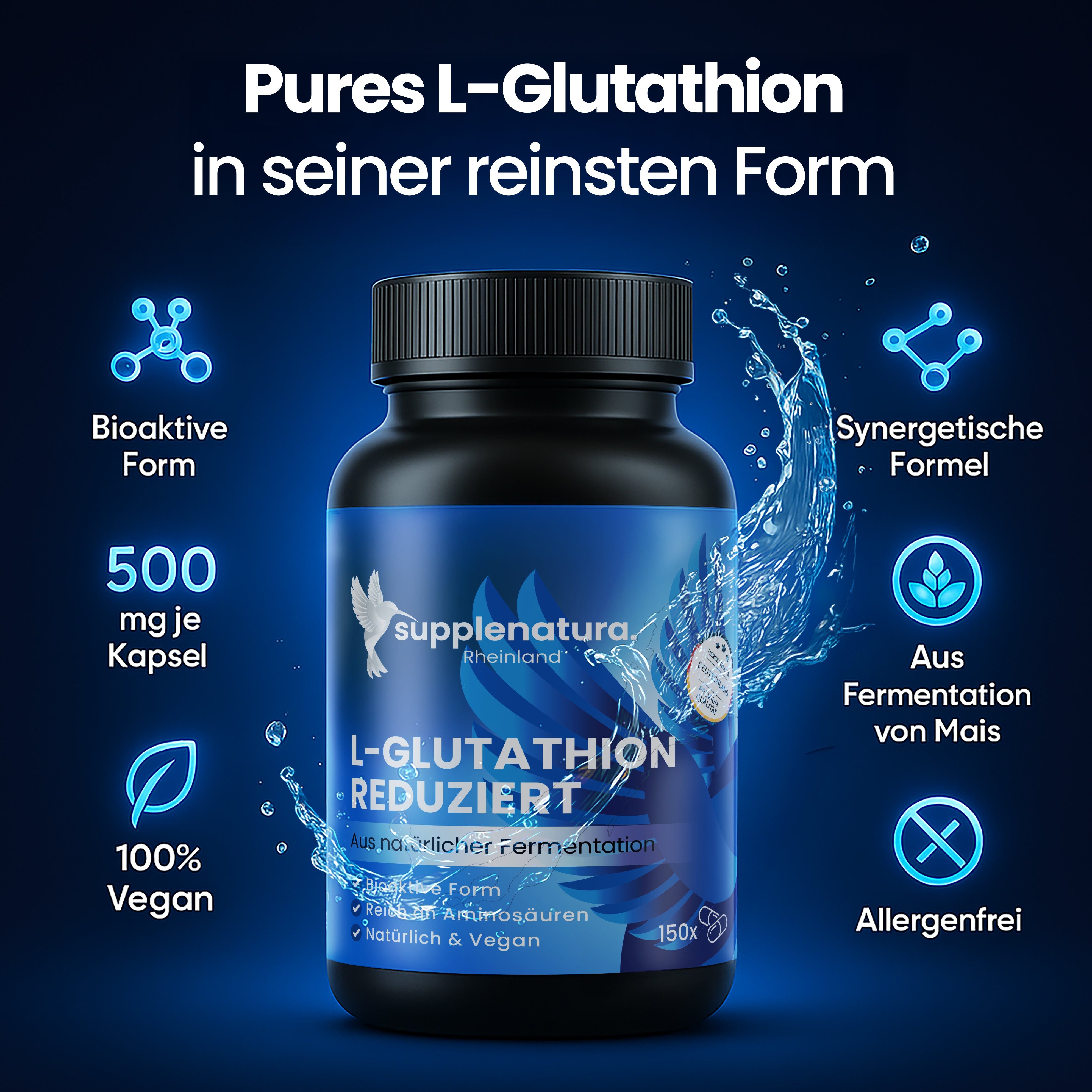Schwarze Flasche mit blauer Etikett. Enthält L-Glutathion Kapseln. Text: supplenatura Rheinland, L-Glutathion reduziert, 150x. Zusätzliche Symbole.