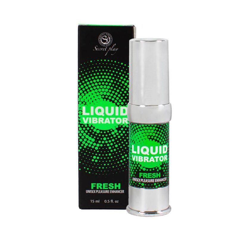 Produkt und Verpackung. Aufschrift: LIQUID VIBRATOR FRESH. Schwarze Verpackung mit grünem Design und Produkt daneben.