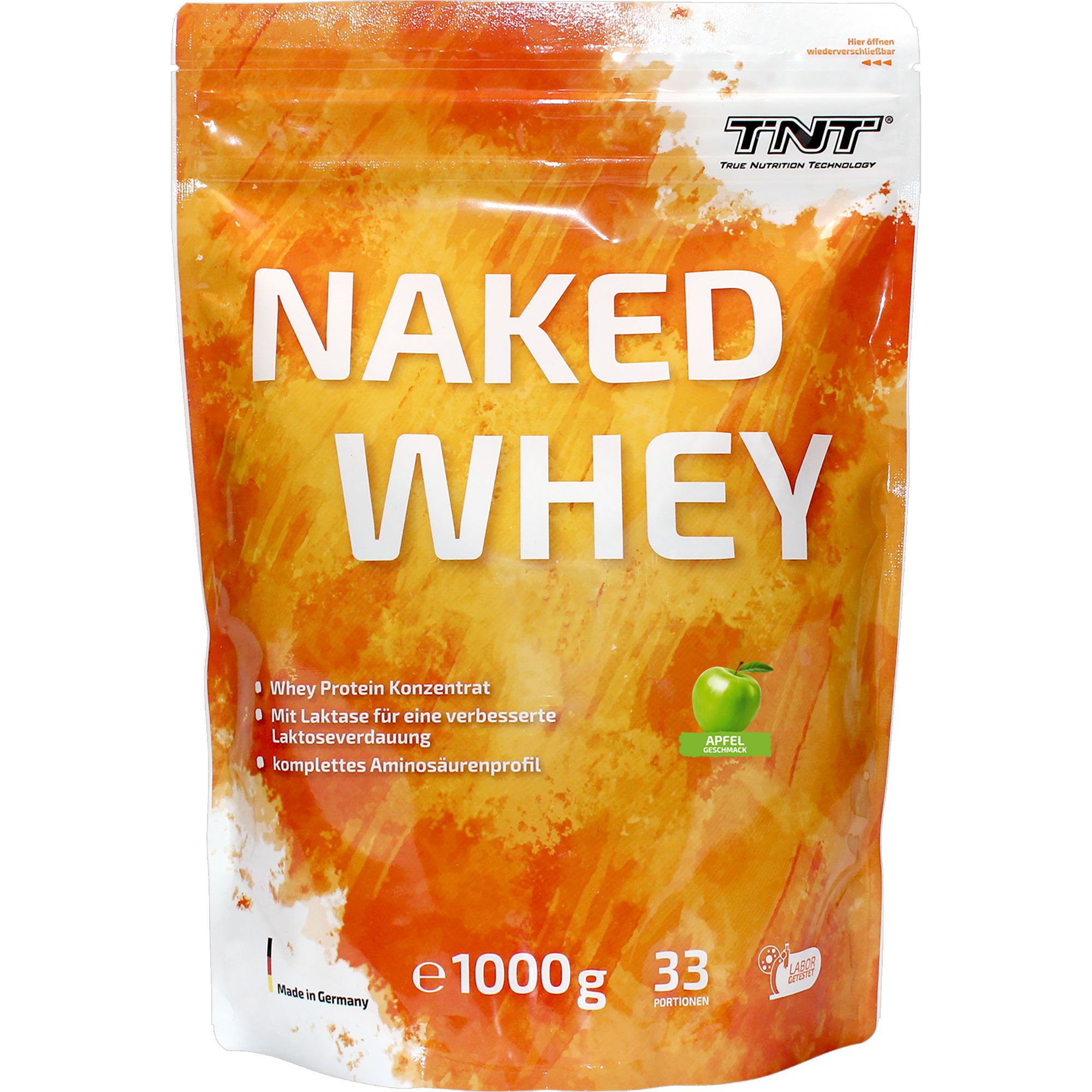 Beutel TNT Naked Whey, weißer Schriftzug, Apfel-Aroma, 1000g, 33 Portionen. Enthält Molkenproteinkonzentrat mit Laktase.