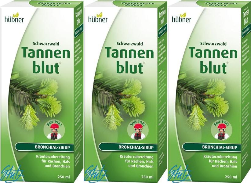 Drei grüne Verpackungen mit dem Produktnamen Tannenblut. Aufschrift: Bronchial-Sirup. Logo: Hübner. Mit Illustration von Tannenzweigen.
