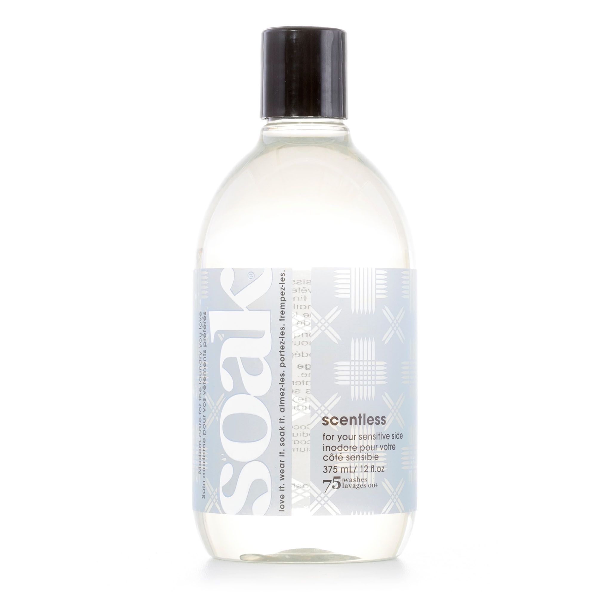 Soak Waschmittel, transparente Flasche mit schwarzem Deckel. Aufschrift: scentless. Volumen: 375 ml.