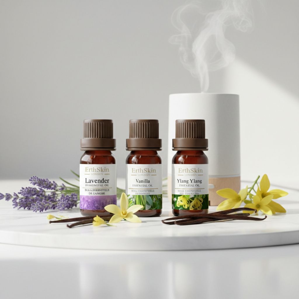 Drei kleine braune Glasflaschen mit ätherischen Ölen (Lavendel, Vanille, Ylang Ylang) neben Lavendelzweigen und Blüten.