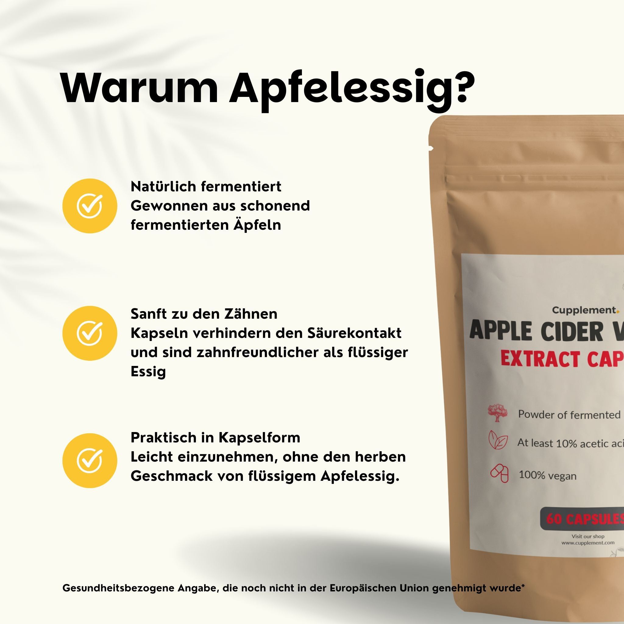 Werbung mit Text und Beutel mit Kapseln. Text: Apple Cider Vinegar Extract Capsules. Kapseln daneben.